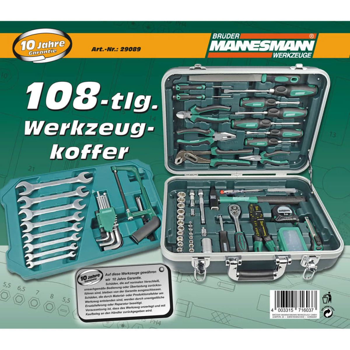 Ein geöffneter Bruder Mannesmann Werkzeugkasten, der Werkzeuge im Inneren zeigt, mit Text, der auf "108-teilig" und "10 Jahre Garantie" hinweist.