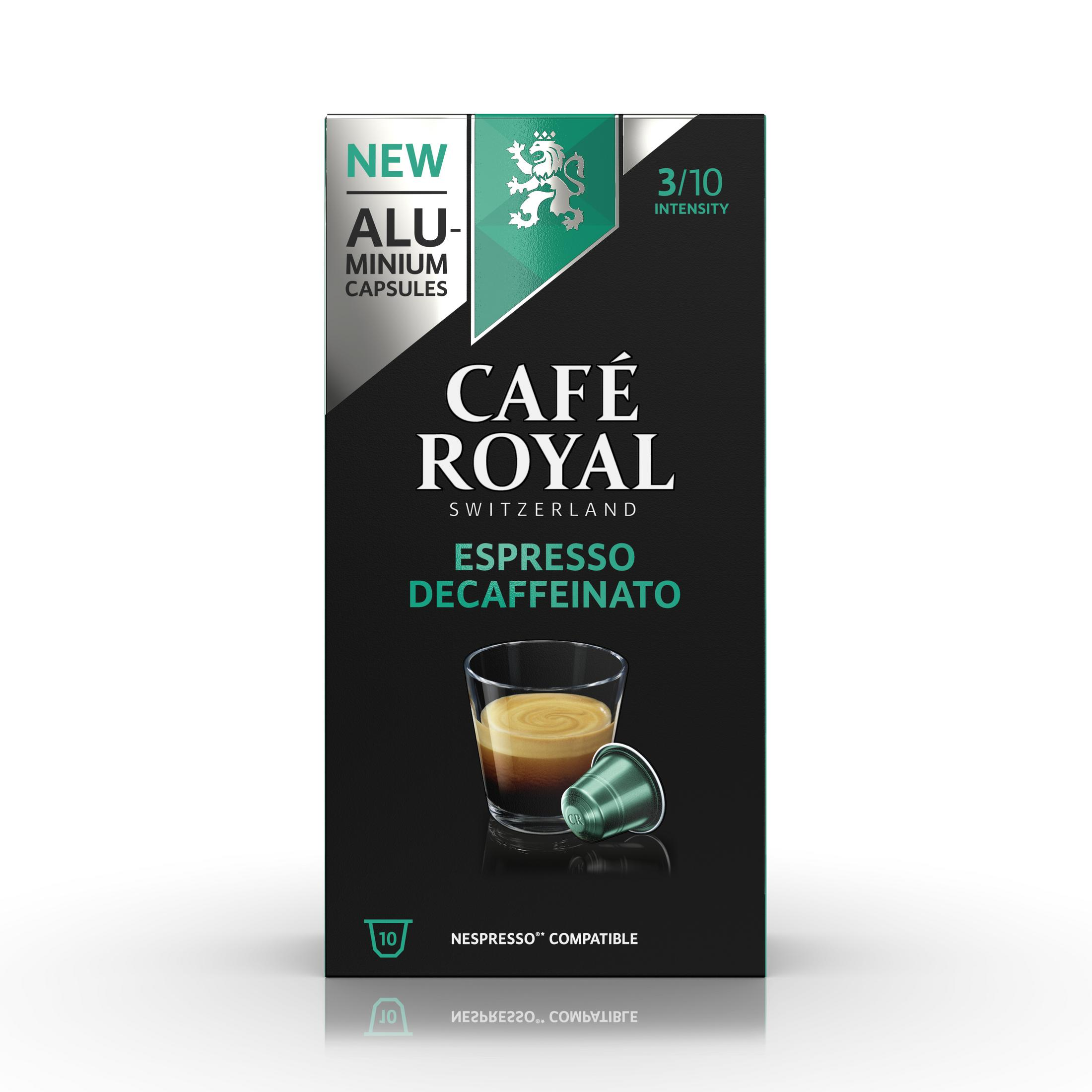 Eine Schachtel Café Royal Espresso Decaffeinato-Kapseln zeigt ein Kaffeetassenbild und wirbt für entkoffeinierten Kaffee.