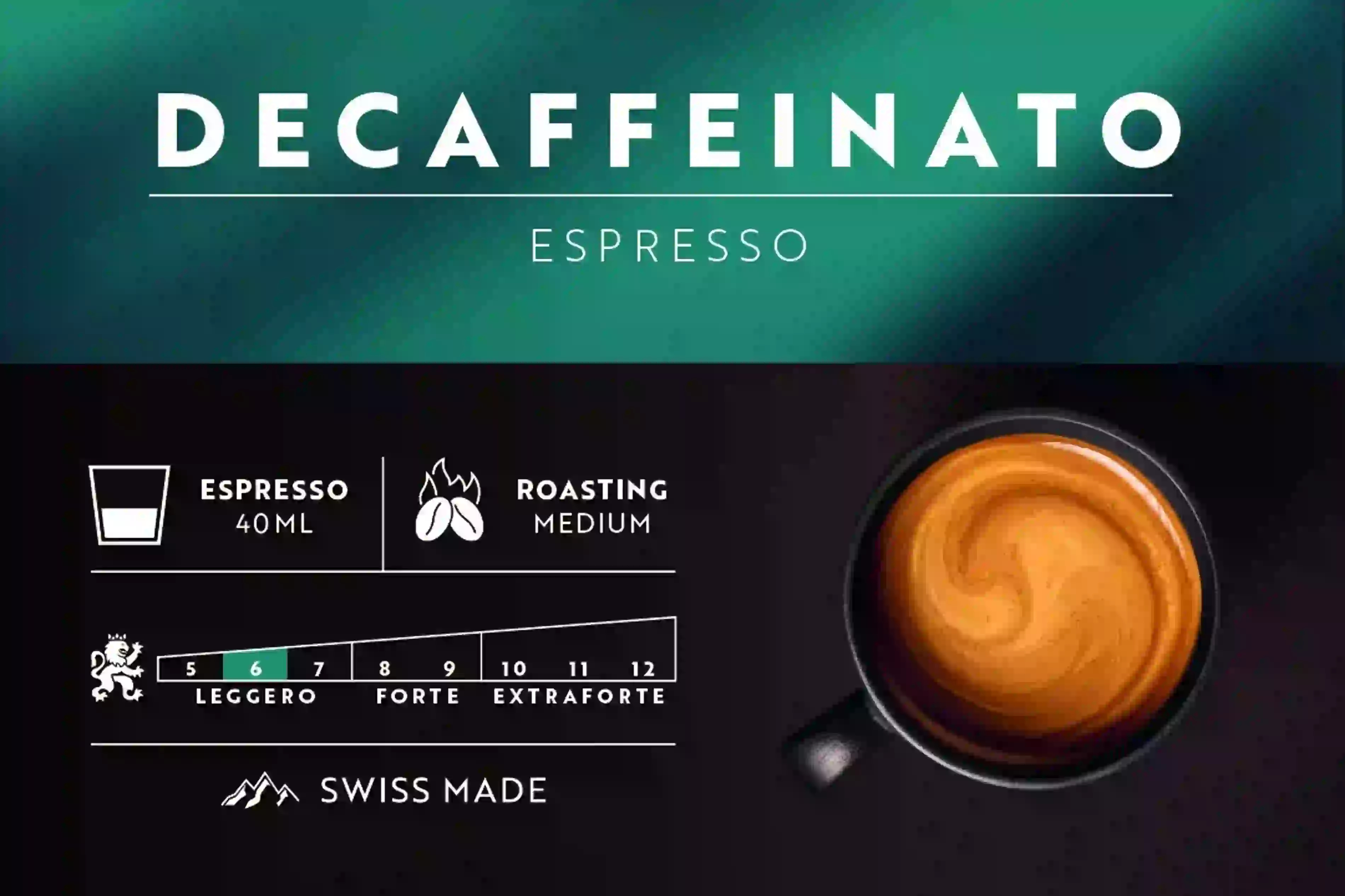 Eine Grafik zeigt Espresso-Details: 40 ml Volumen, mittlere Röstung und Swiss Made, neben einem Kaffeewirbel-Bild.
