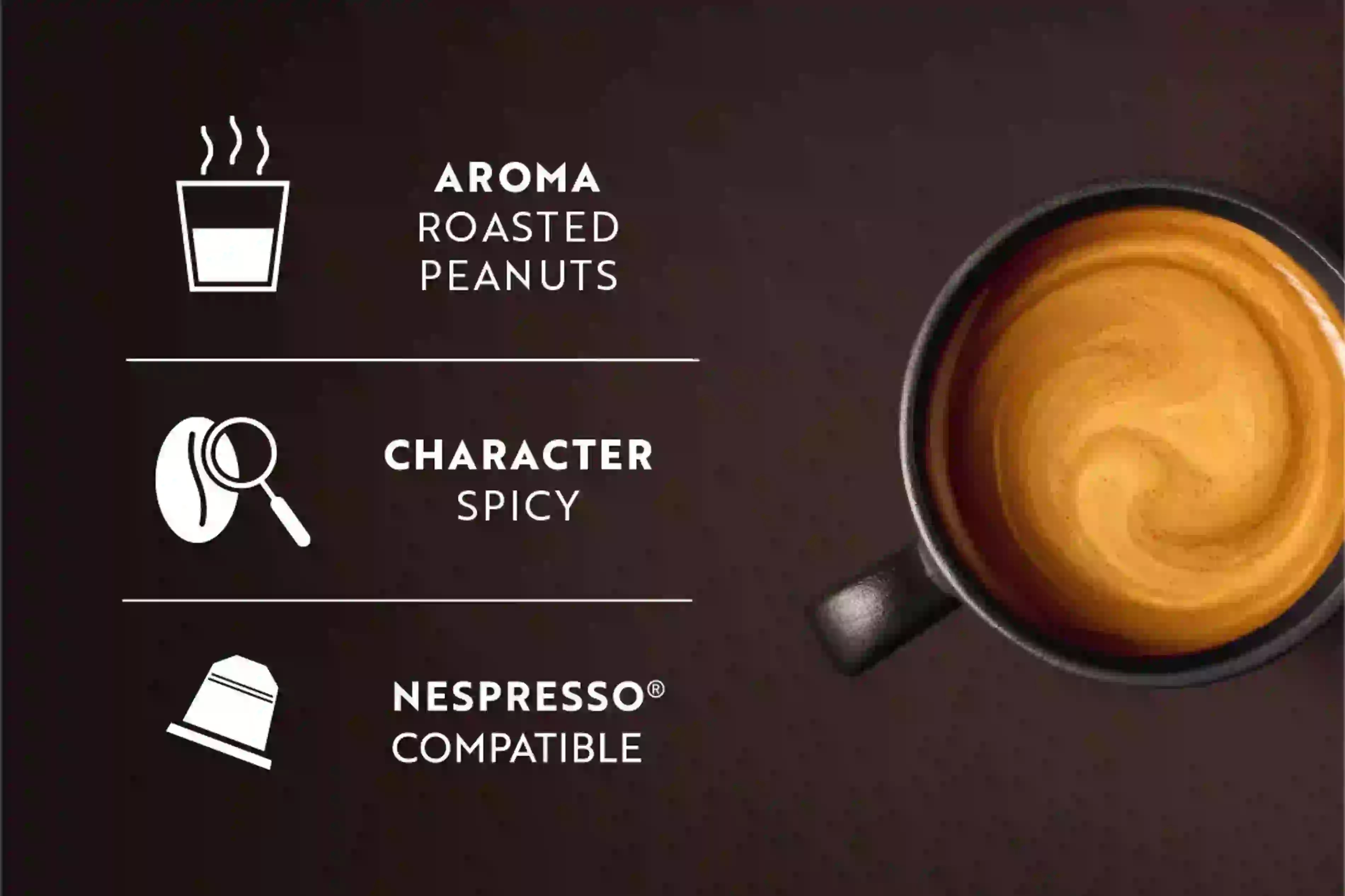 Eine Grafik zeigt Kaffeedetails: geröstete Erdnussaroma, würziger Charakter und Nespresso-Kompatibilität neben einem Kaffeebild.
