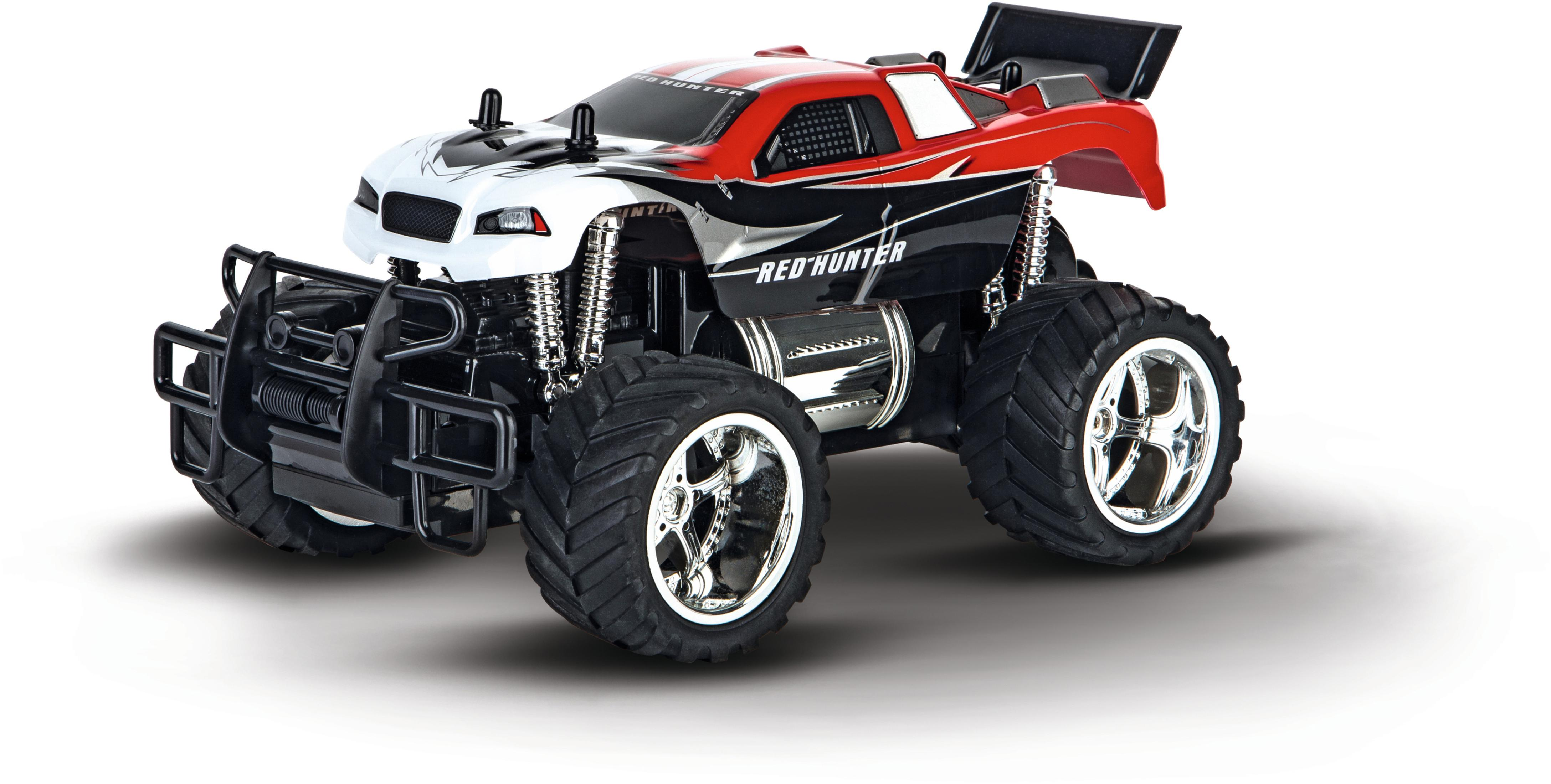 Ein roter, weißer und schwarzer "Red Hunter" Spielzeug-Monster-Truck mit großen Reifen, Chromfelgen und einem detaillierten Fahrgestell.
