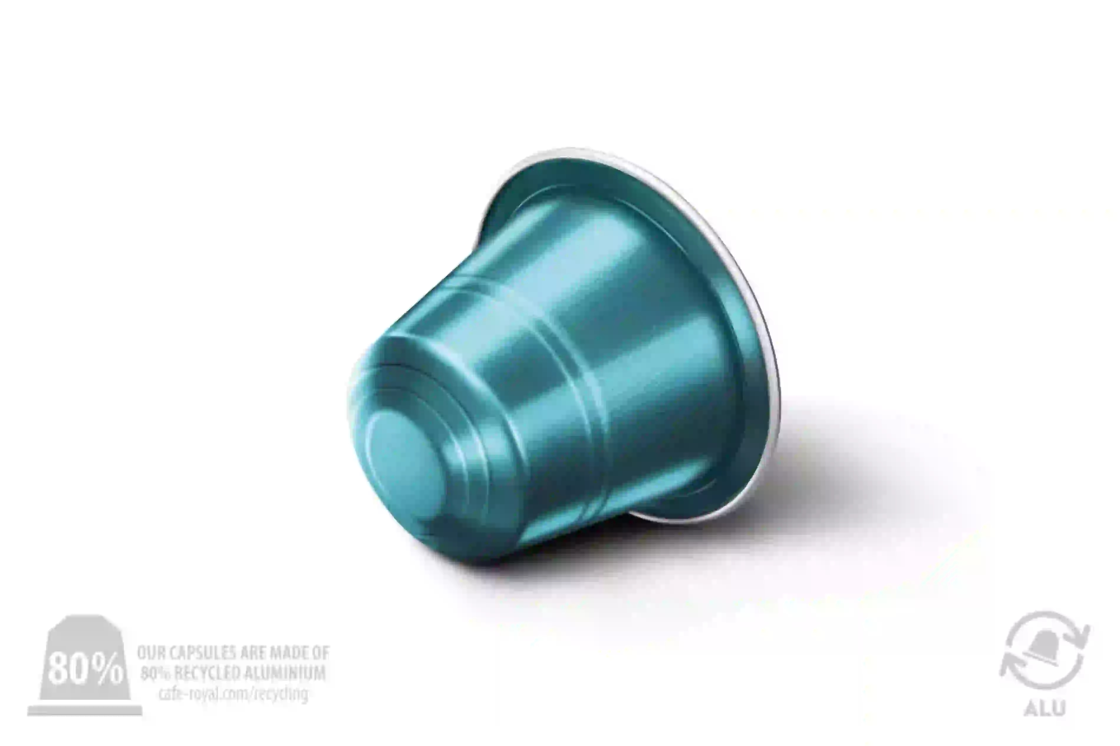 Eine türkisfarbene Aluminium-Kaffeekapsel sitzt vor einem weißen Hintergrund und betont ihr Material und Design für die Kaffeezubereitung.