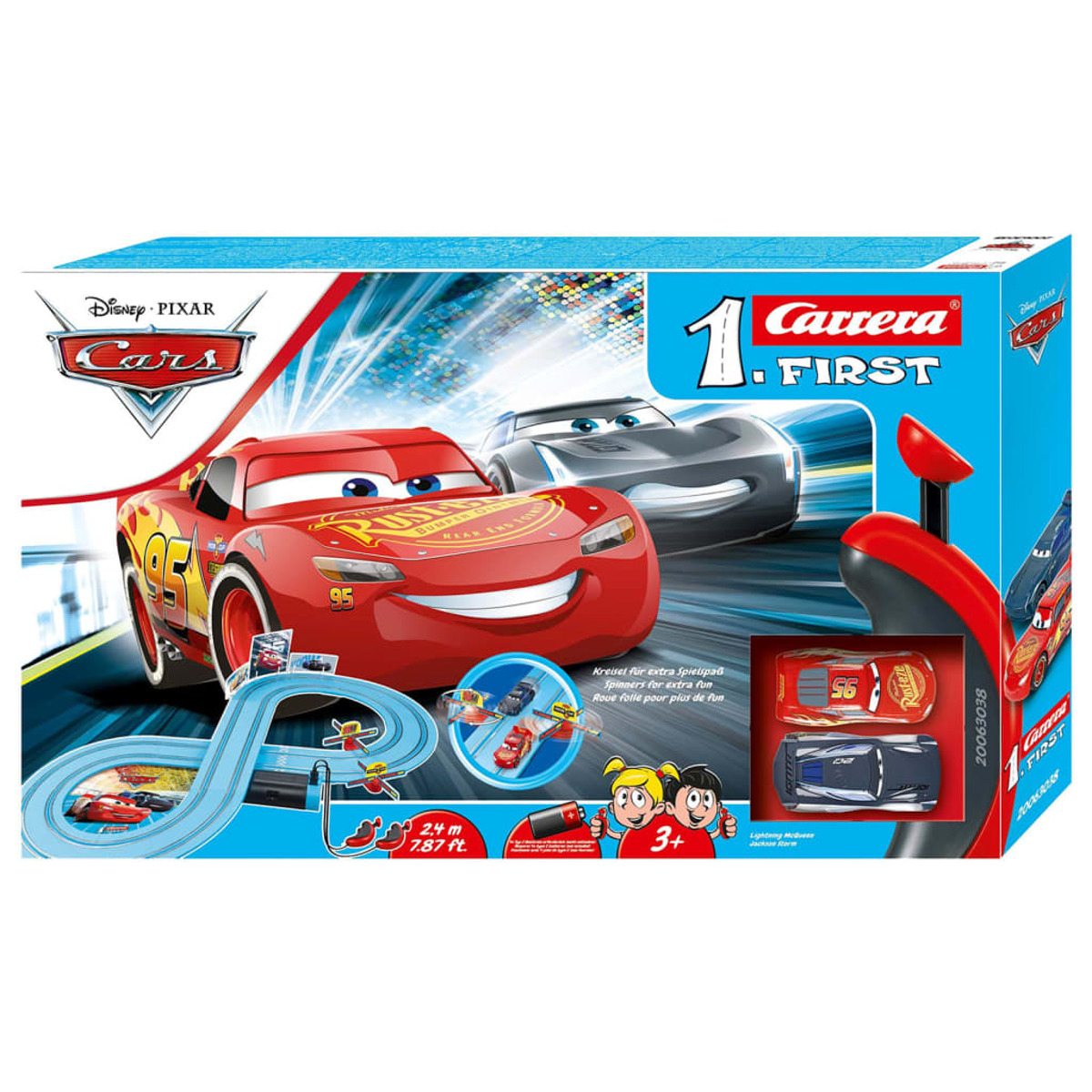 Caja de juguetes de pista de carreras de Disney Pixar Cars con Lightning McQueen y Jackson Storm, con pista y mandos manuales visibles.