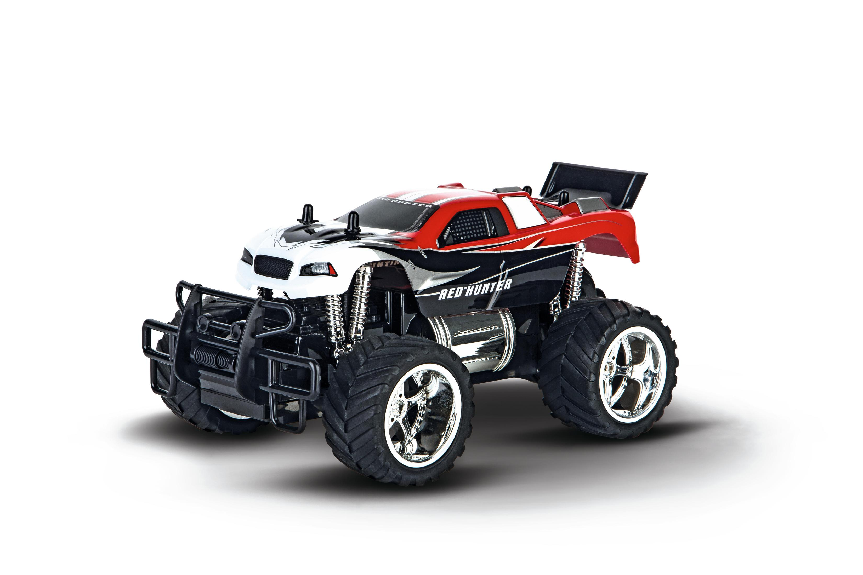 Ein roter, weißer und schwarzer "Red Hunter" Spielzeug-Monster-Truck mit großen Reifen, Chromfelgen und einem detaillierten Fahrgestell.