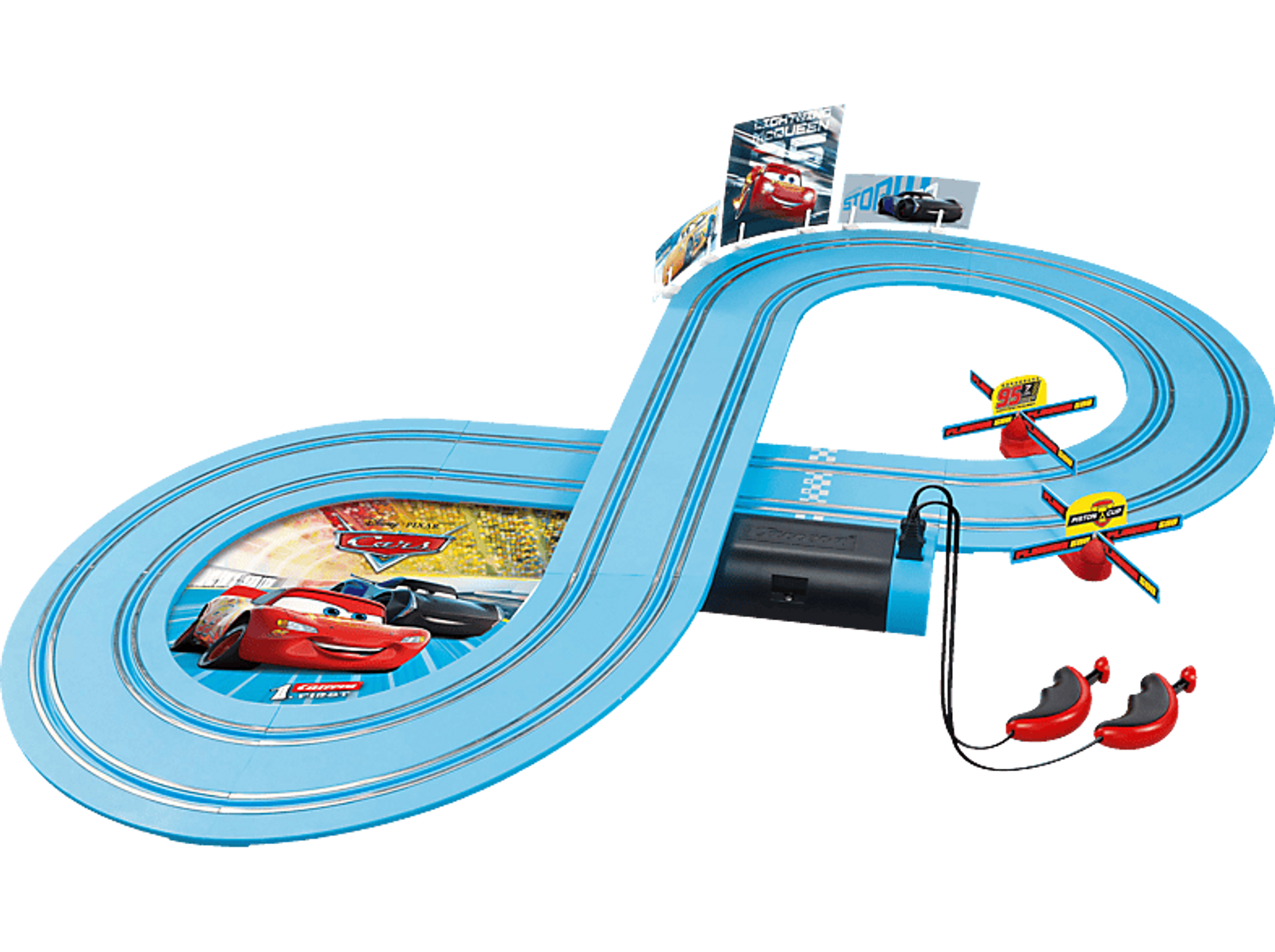 Un juguete de pista de carreras azul con forma de bucle infinito, con personajes y señalización de Cars, con mandos manuales rojos.