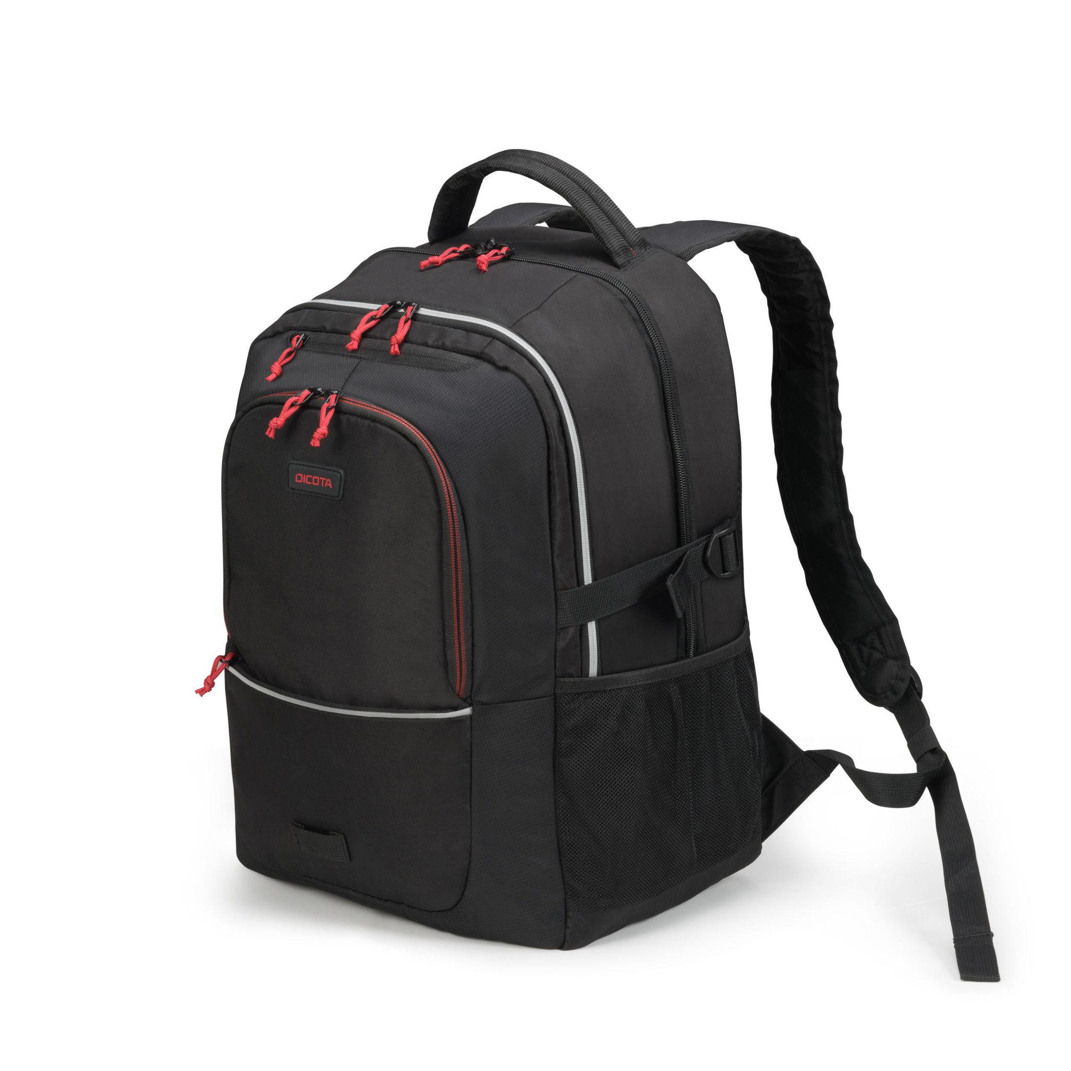 Ein schwarzer Rucksack mit roten Akzenten und einem oberen Griff, vor einem weißen Hintergrund.