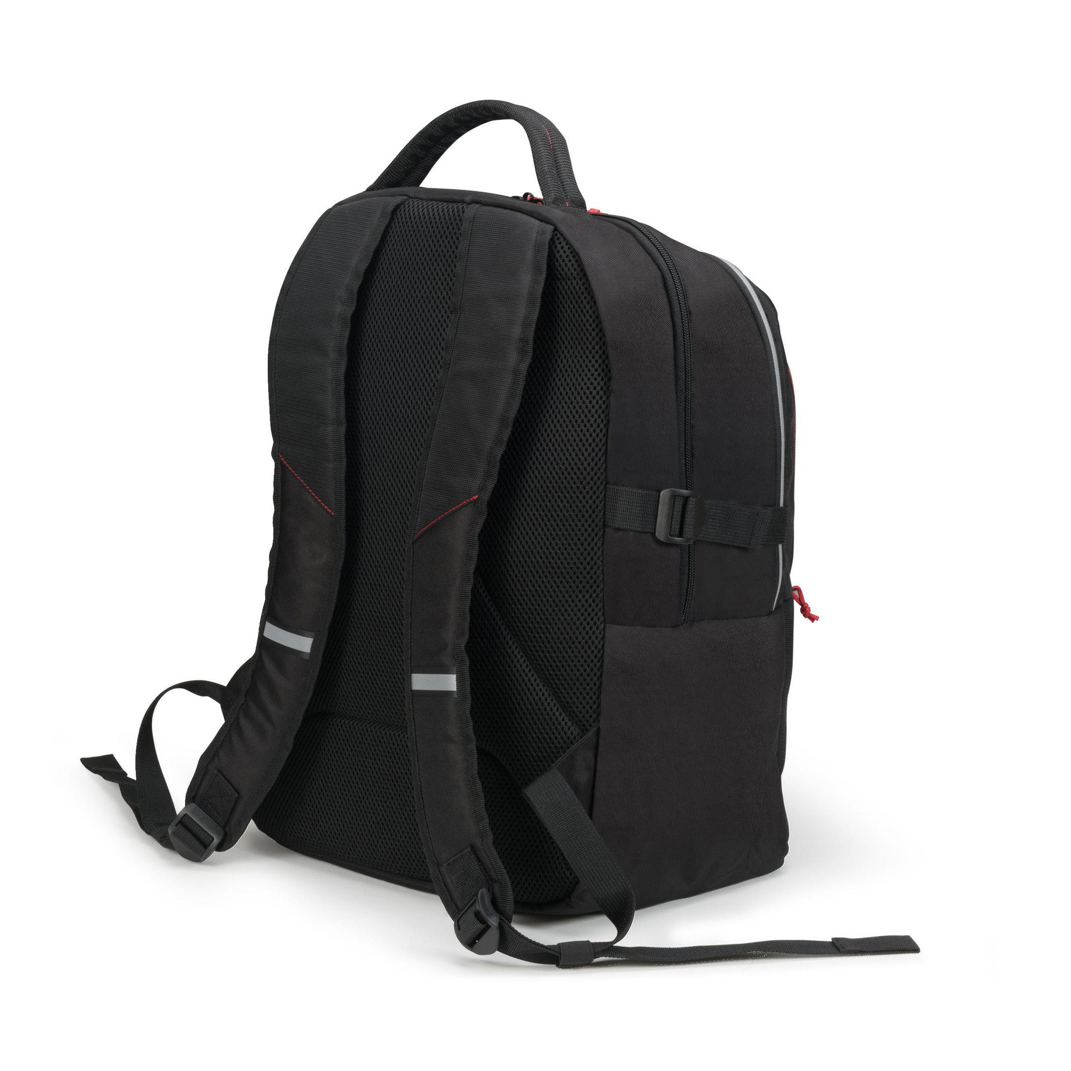 Rückansicht eines schwarzen Rucksacks mit gepolsterten Trägern und verstellbaren Schnallen auf weißem Grund.