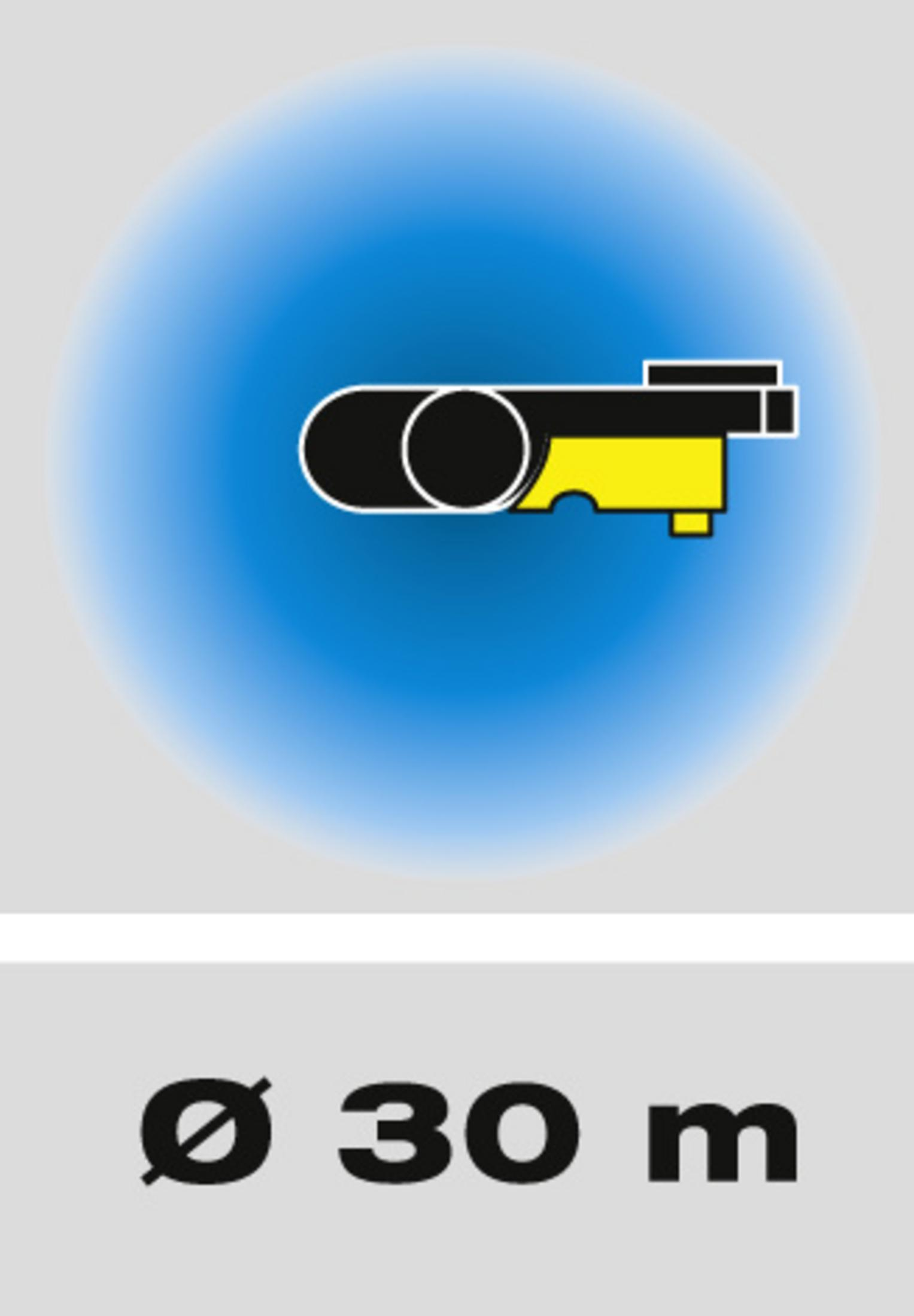 Symbol eines Rasensprengers mit einer Anzeige des Radius von 30 m.