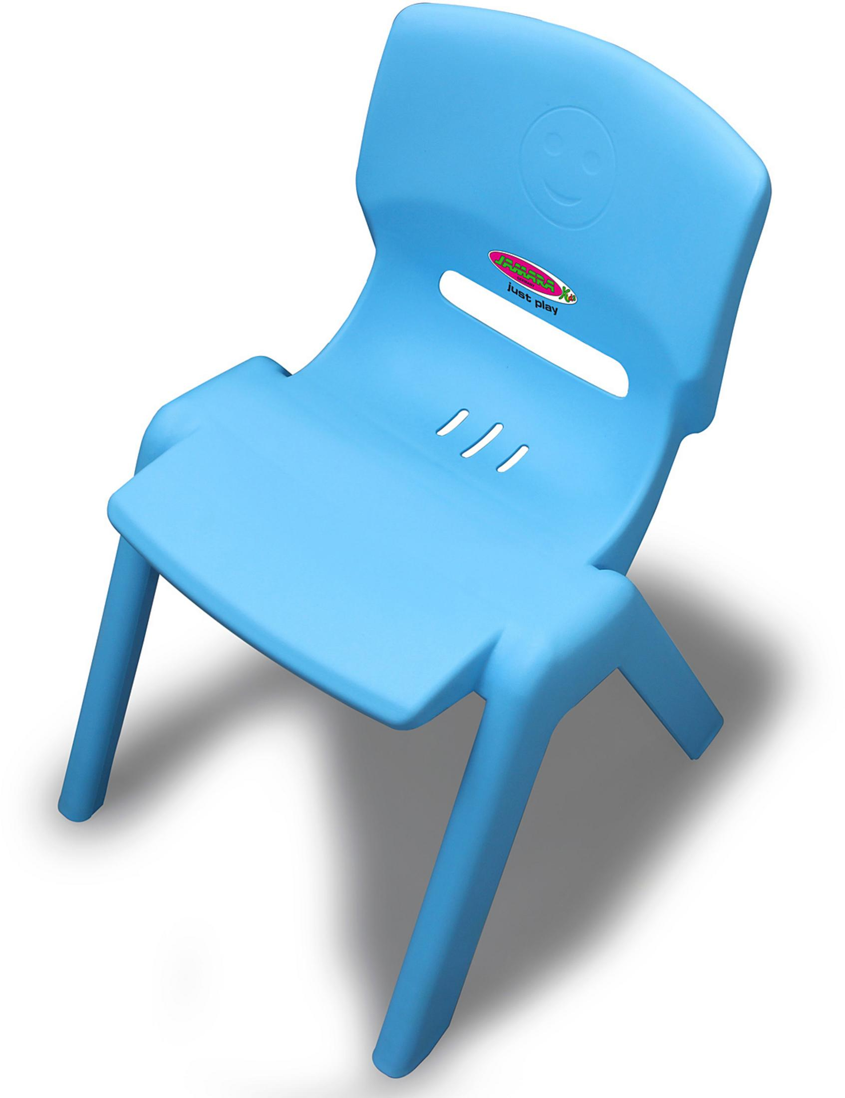 Hellblauer Plastikstuhl mit Smiley-Gesicht und Logo.