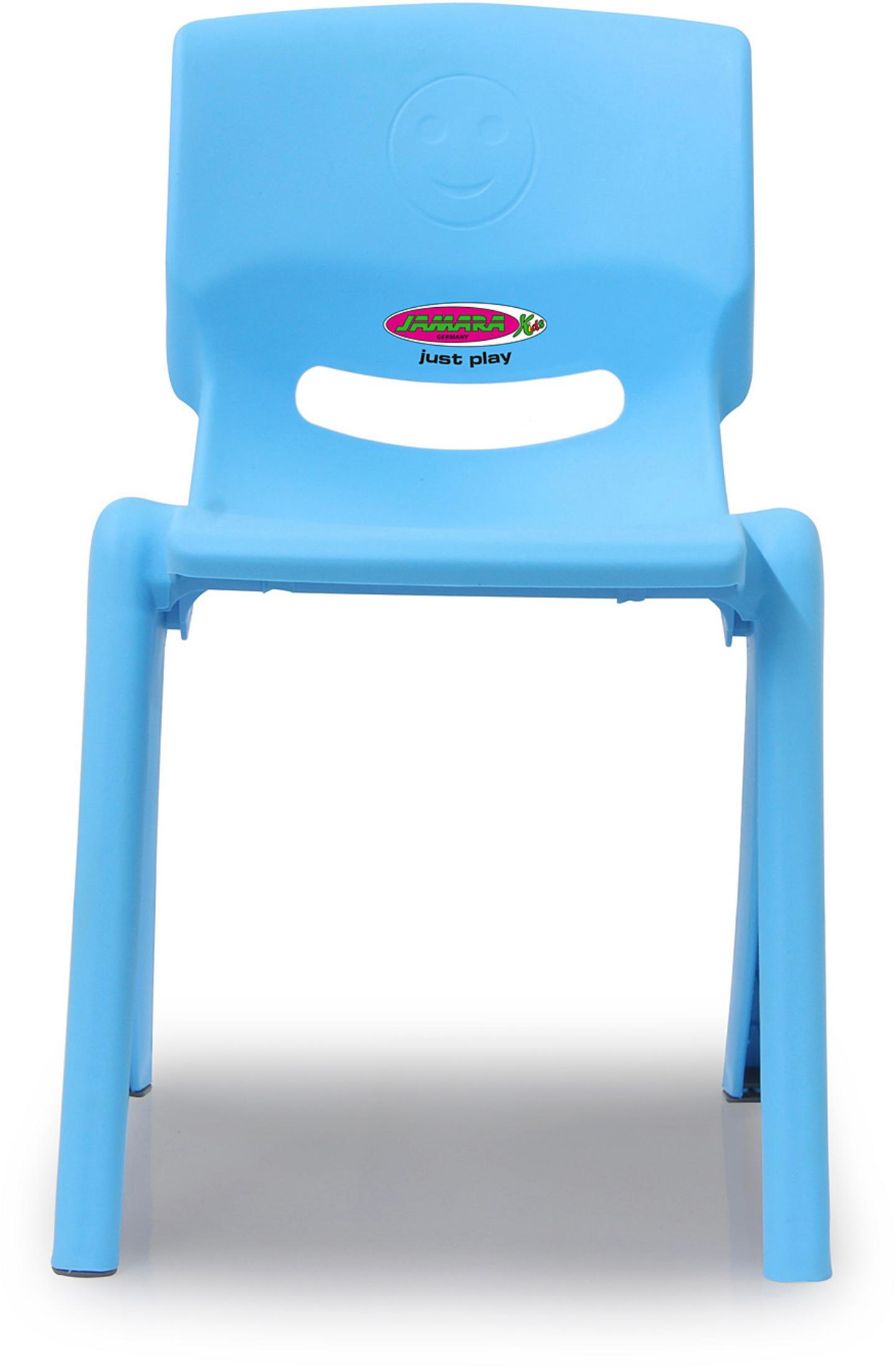 Hellblauer Plastikstuhl mit Logo und Smiley-Gesicht.