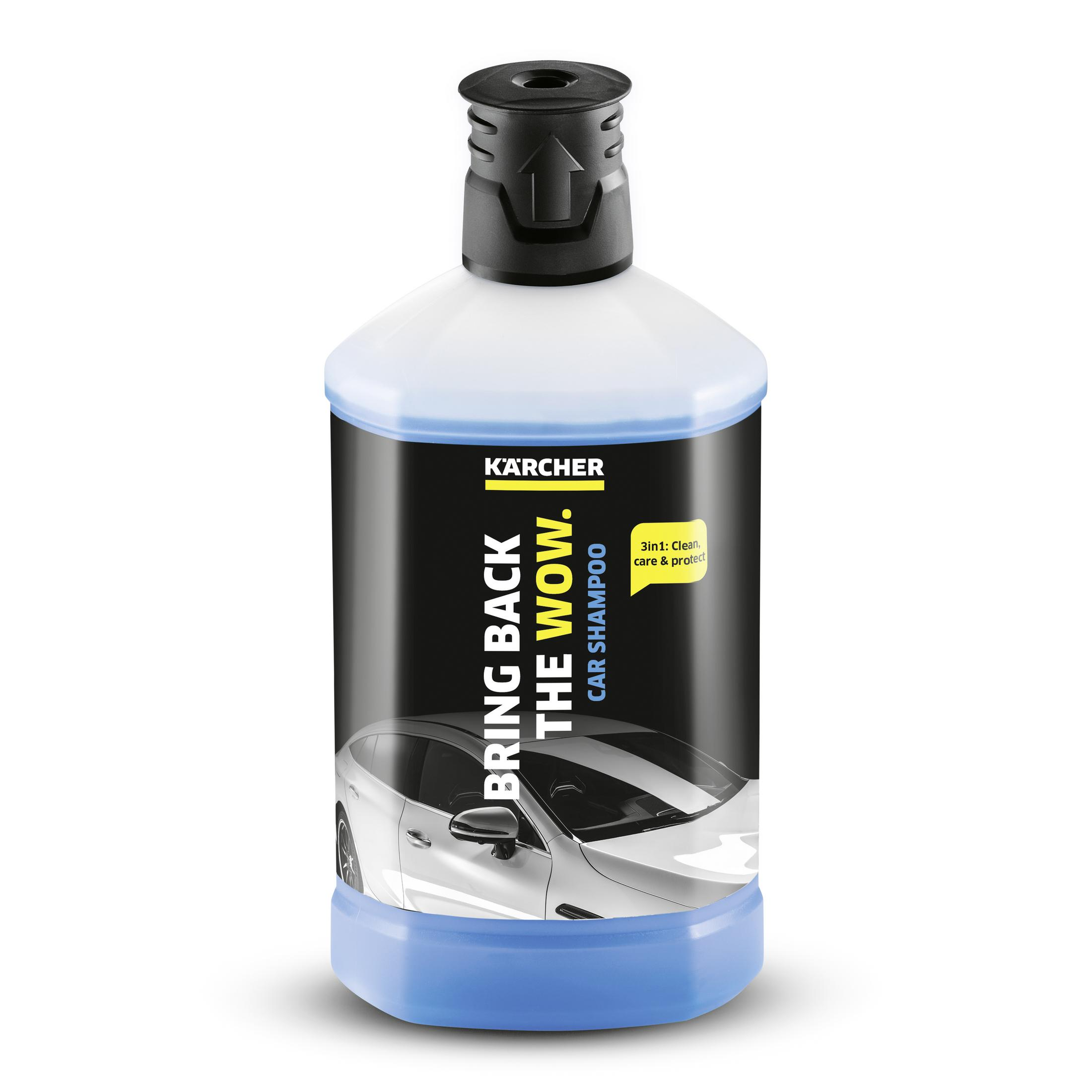 Eine Autoshampoo-Flasche mit schwarzem Deckel und blauer Flüssigkeit.