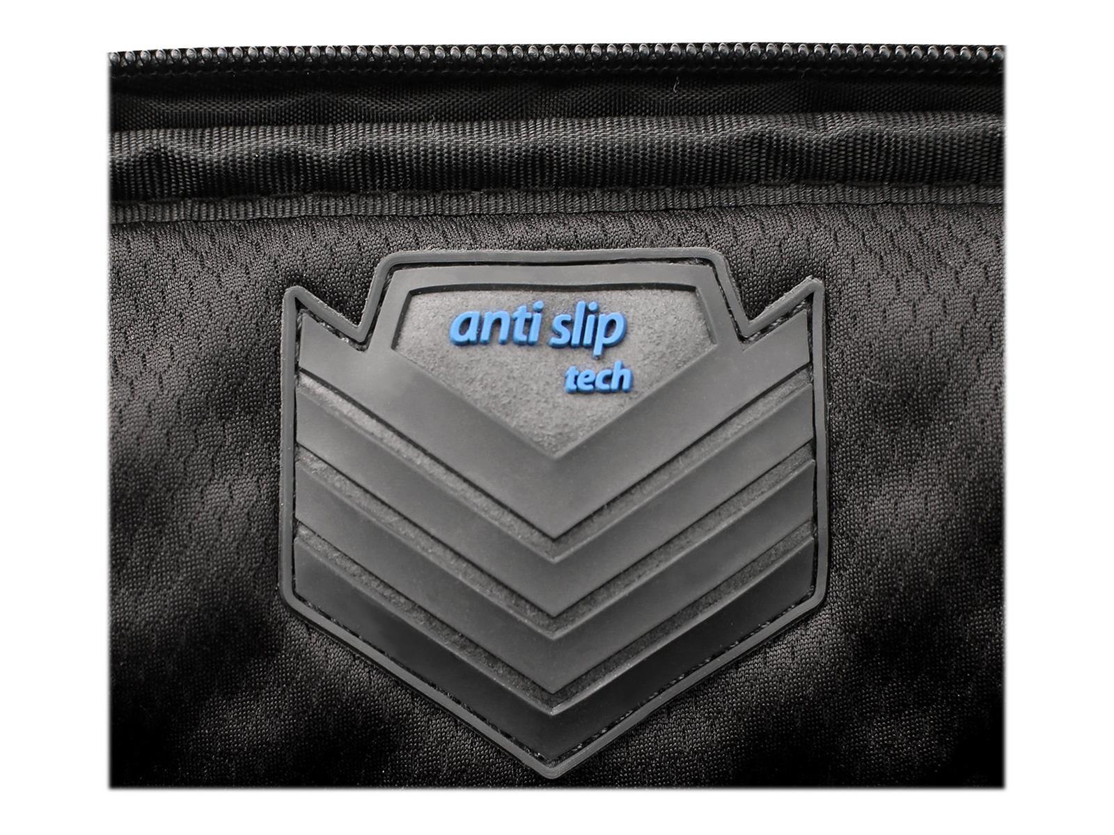 Primo piano di un dettaglio di borsa nera con logo anti-scivolo.
