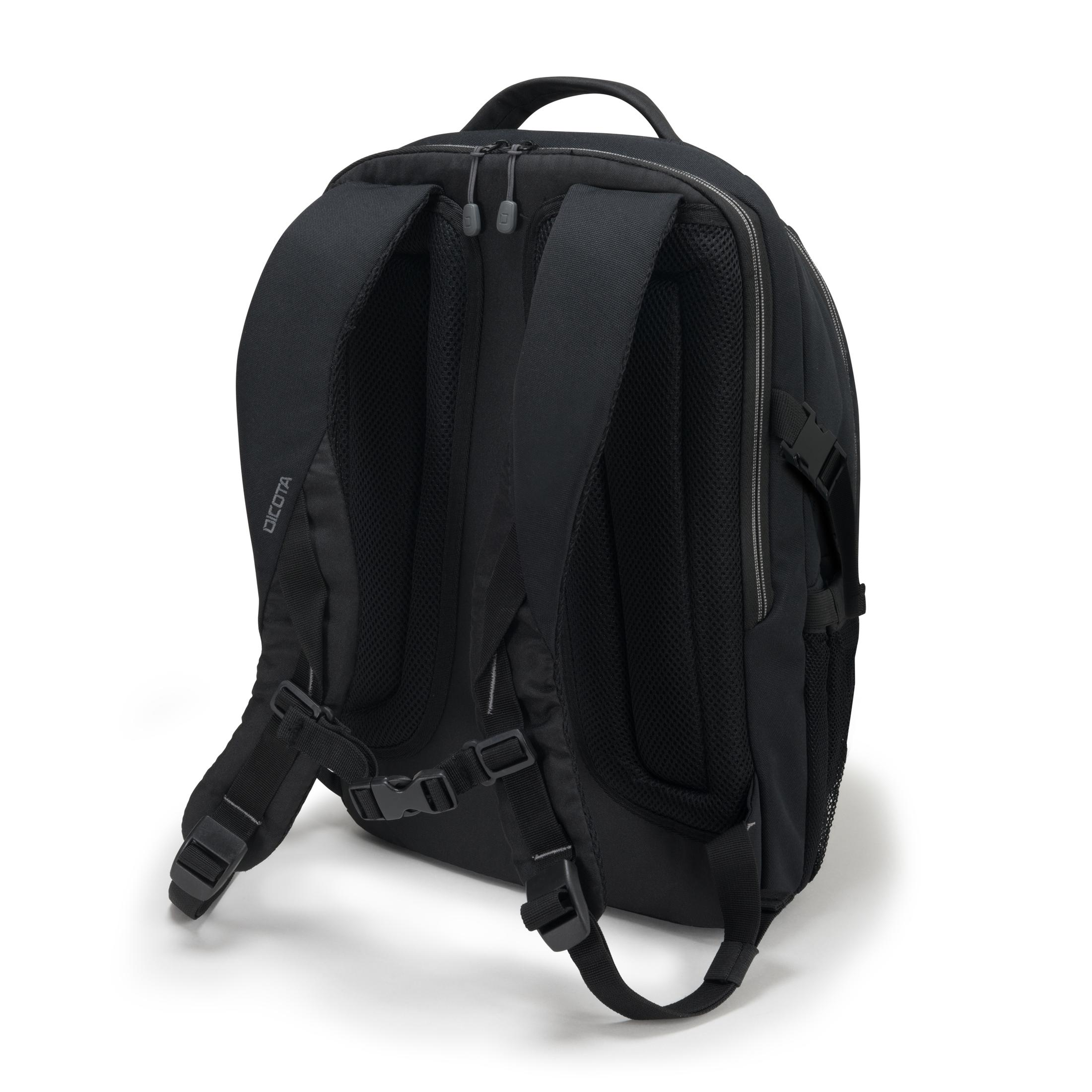 Un sac à dos noir avec des bretelles sur une surface blanche.