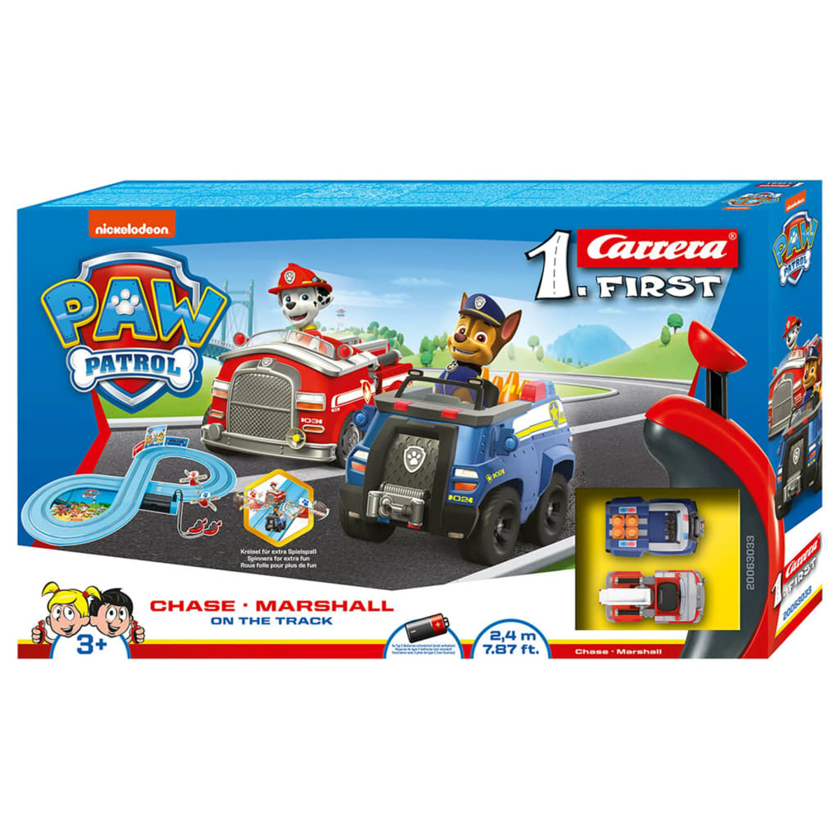Zestaw zabawek toru wyścigowego Paw Patrol w opakowaniu, z Chase'em i Marshallem.