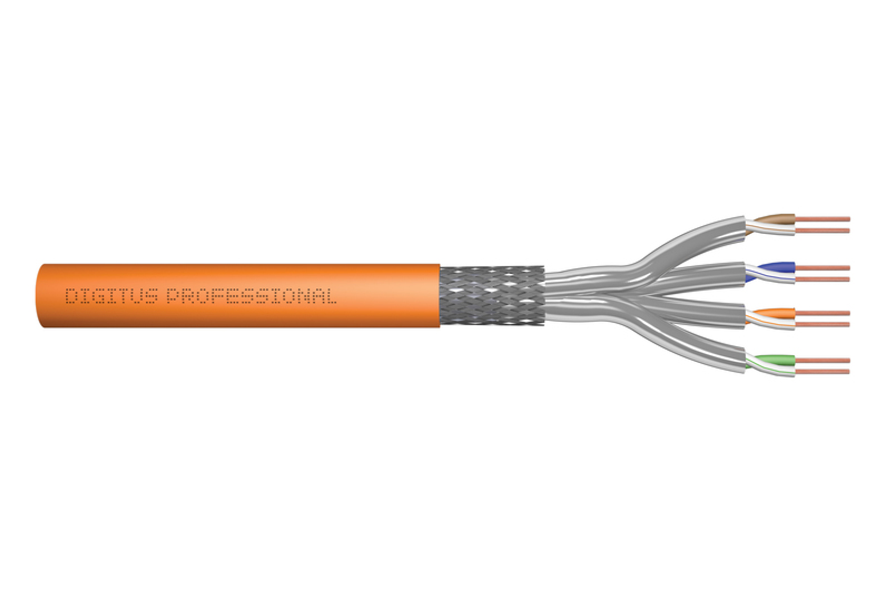 Ein orangefarbenes Datenkabel mit freiliegenden Drähten, das die interne Struktur auf einem weißen Hintergrund zeigt. Das Kabel ist für die Vernetzung.
