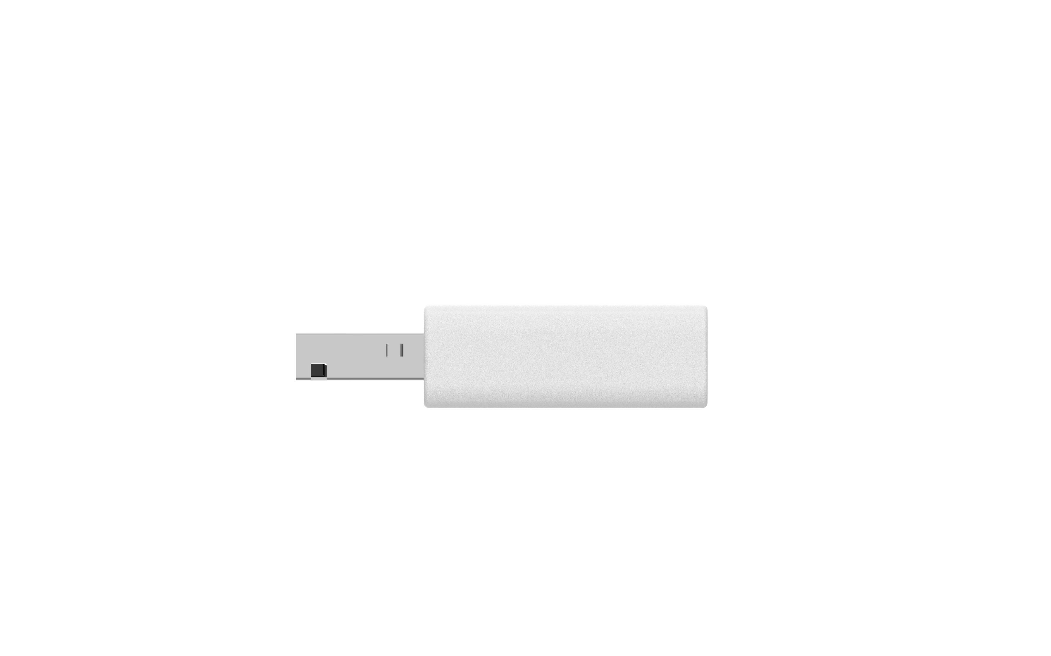 White USB drive on white. The drive is horizontal, with the connector to the left.