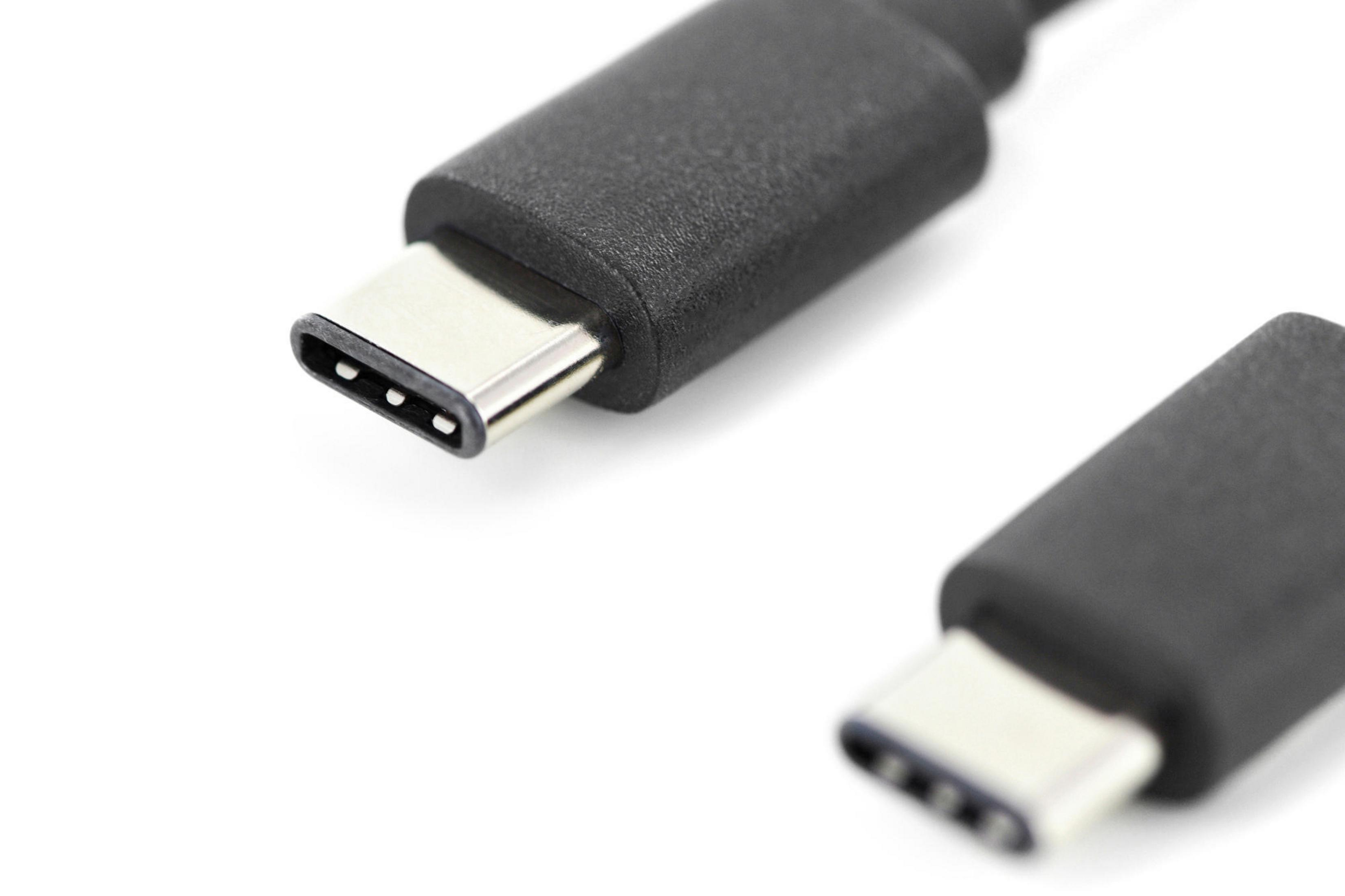Nahaufnahme von zwei USB-C-Anschlüssen auf einem weißen Hintergrund.
