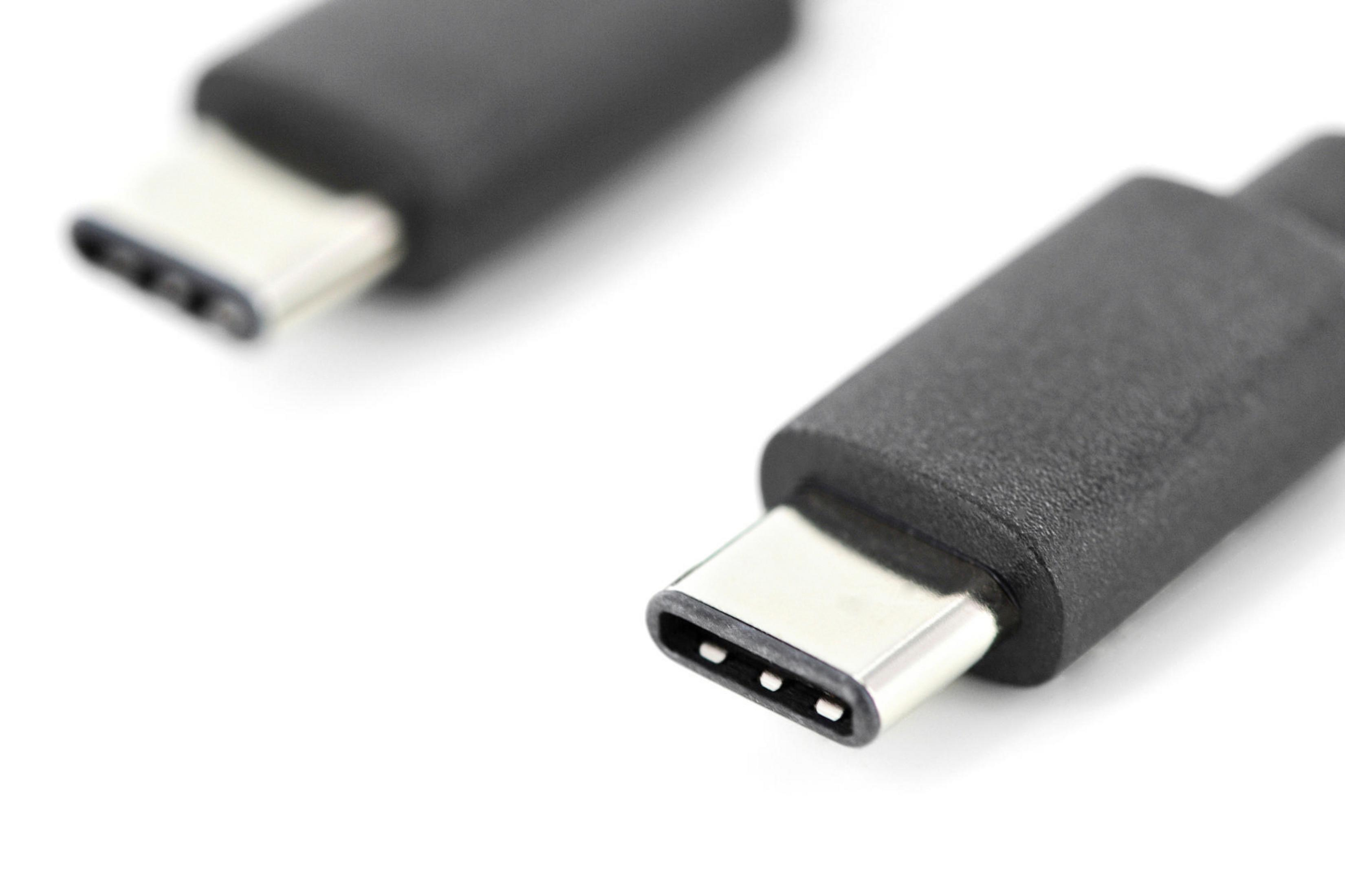 Nahaufnahme von zwei USB-C-Anschlüssen auf weißem Hintergrund. Die Anschlüsse sind schwarz mit silbernen Metallenden.