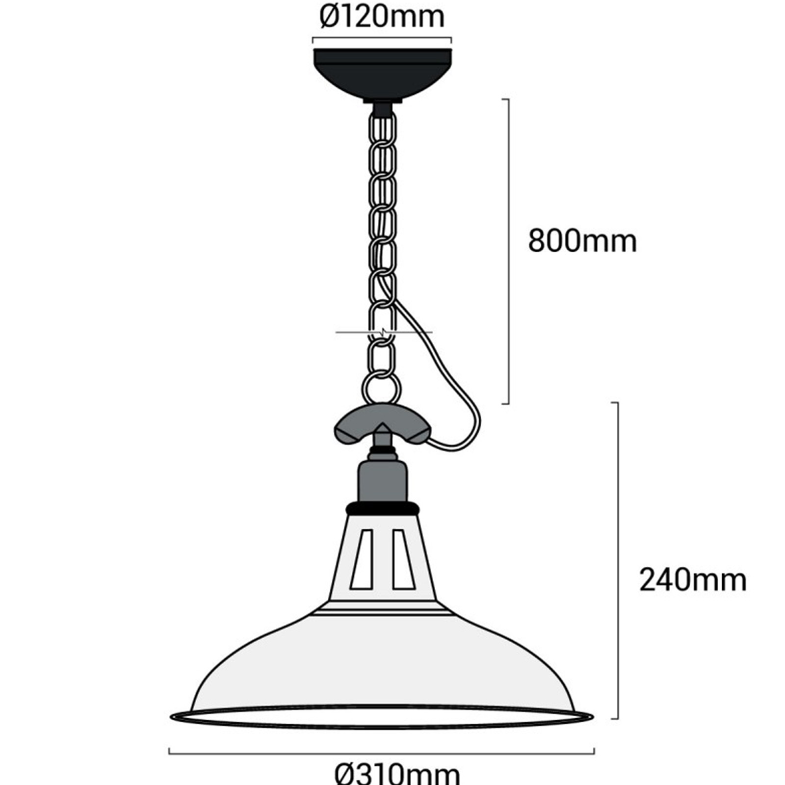 Diagrama de una lámpara colgante con dimensiones: 120 mm, 800 mm, 310 mm y 240 mm. El fondo es blanco.