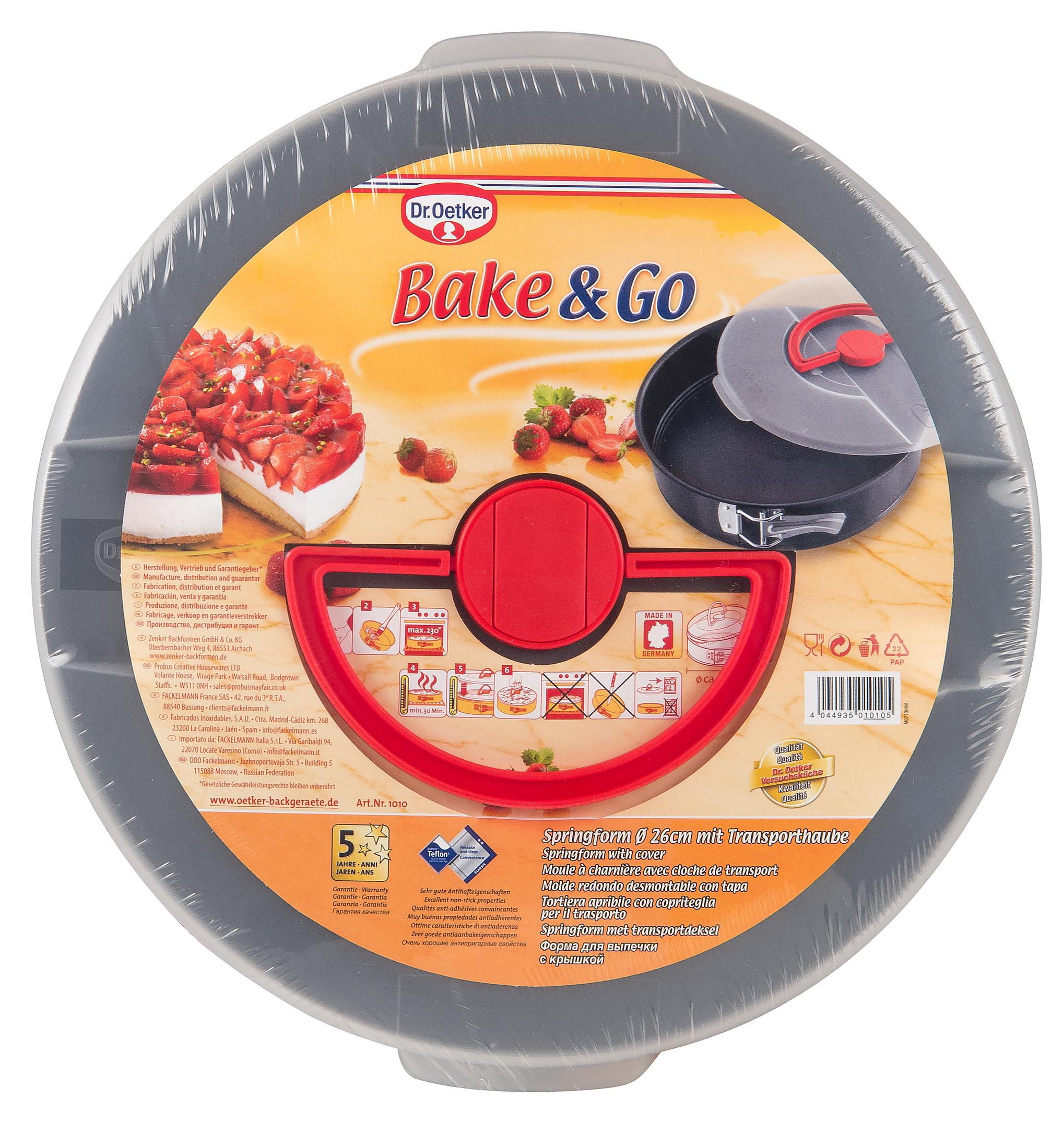 Eine Springform in Verpackung, die ein Kuchenbild, Produktdetails und eine Transportdeckelfunktion zeigt.
