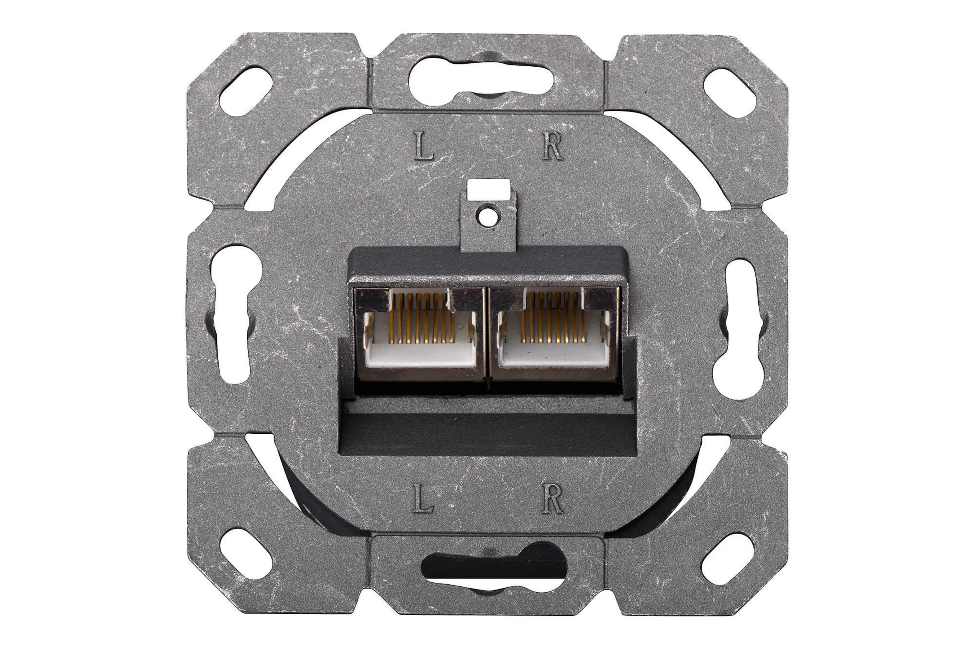 Eine graue Metallhalterung mit zwei Netzwerkanschlüssen ist auf einem weißen Hintergrund zu sehen und zeigt die internen Verbindungen.