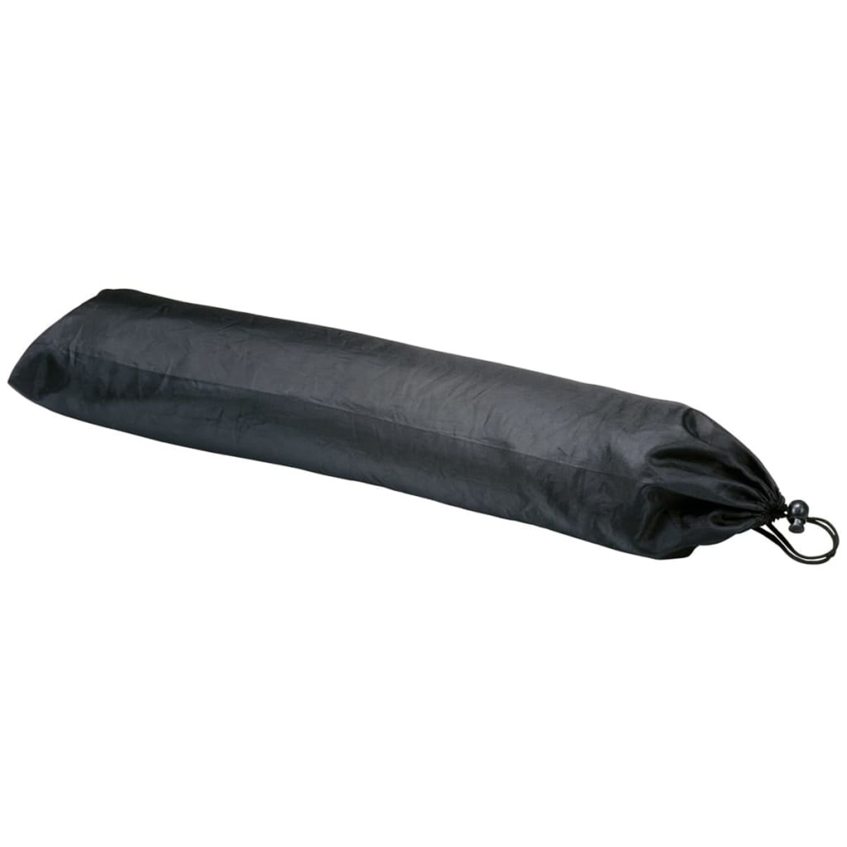 Eine lange schwarze Tasche, die an einem Ende mit einem schwarzen Kordelzug vor einem weißen Hintergrund zugezogen ist.