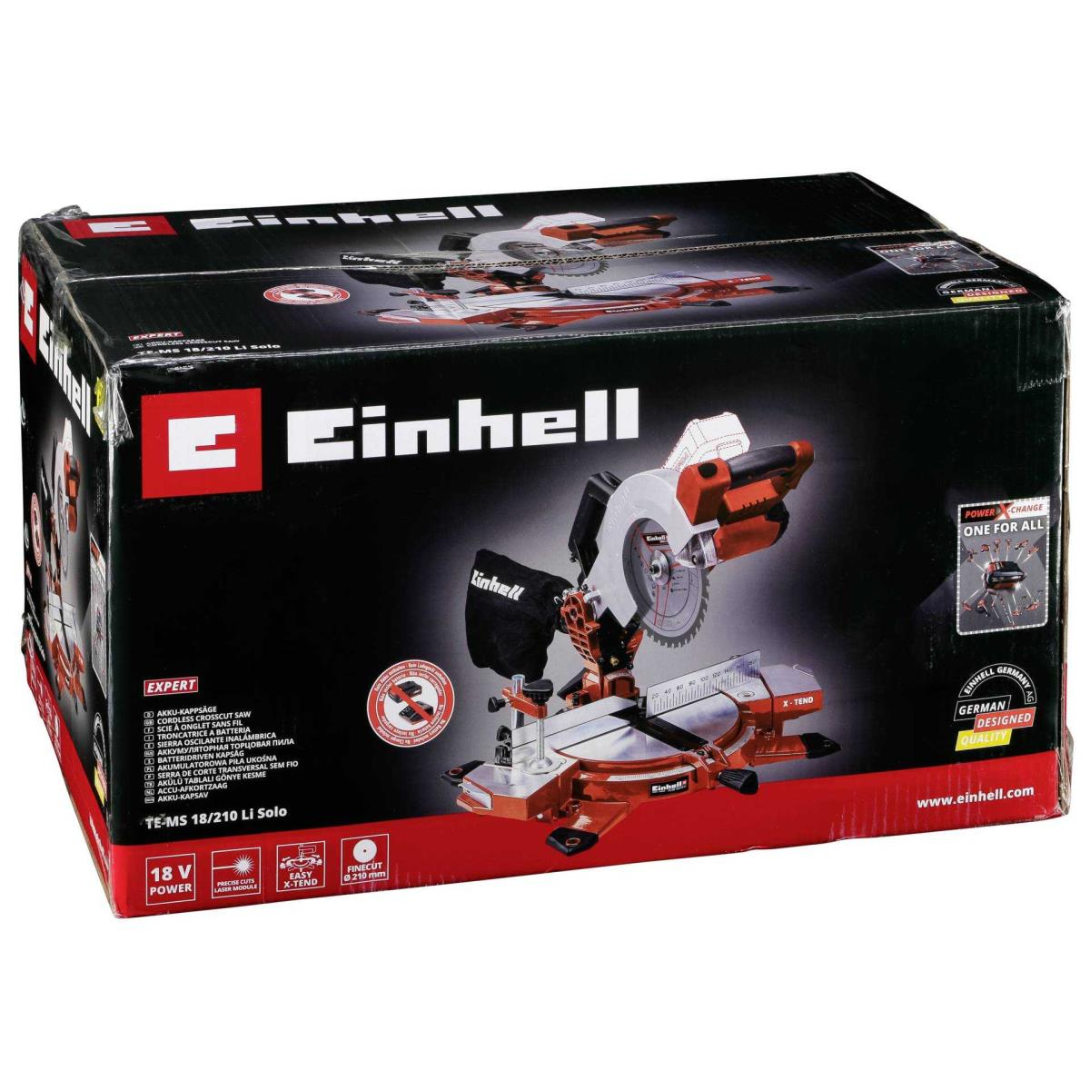 Eine verpackte Einhell TE-MS 18/210 Li Solo Gehrungssäge wird auf einer schwarzen Oberfläche ausgestellt.