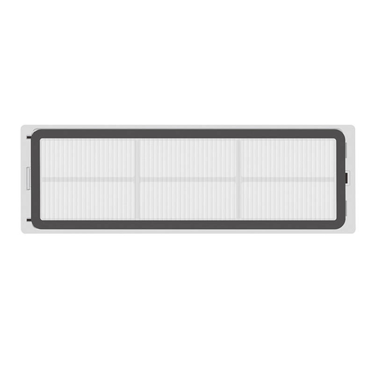 Un filtro de aire blanco rectangular con un marco negro, que muestra líneas verticales uniformemente espaciadas.