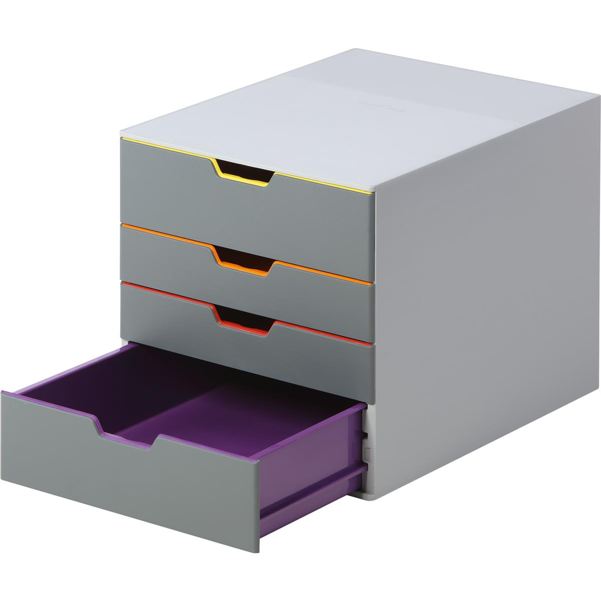 Eine graue Aufbewahrungsbox mit drei Schubladen, eine offen, die ein violettes Inneres zeigt.