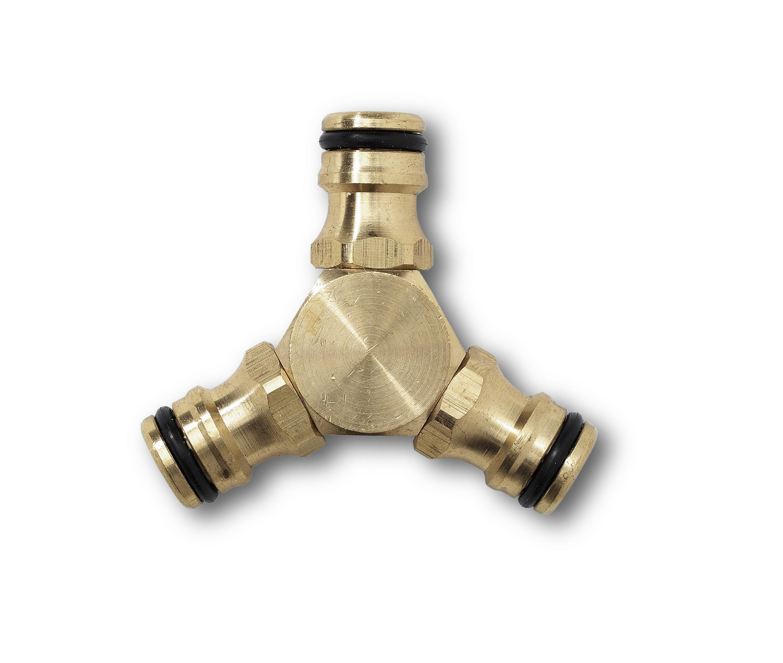 Ein Messing-Y-Verbinder mit drei Schlauchanschlüssen und schwarzen O-Ringen, der in der Sanitärtechnik verwendet wird, ist auf weißem Grund isoliert.