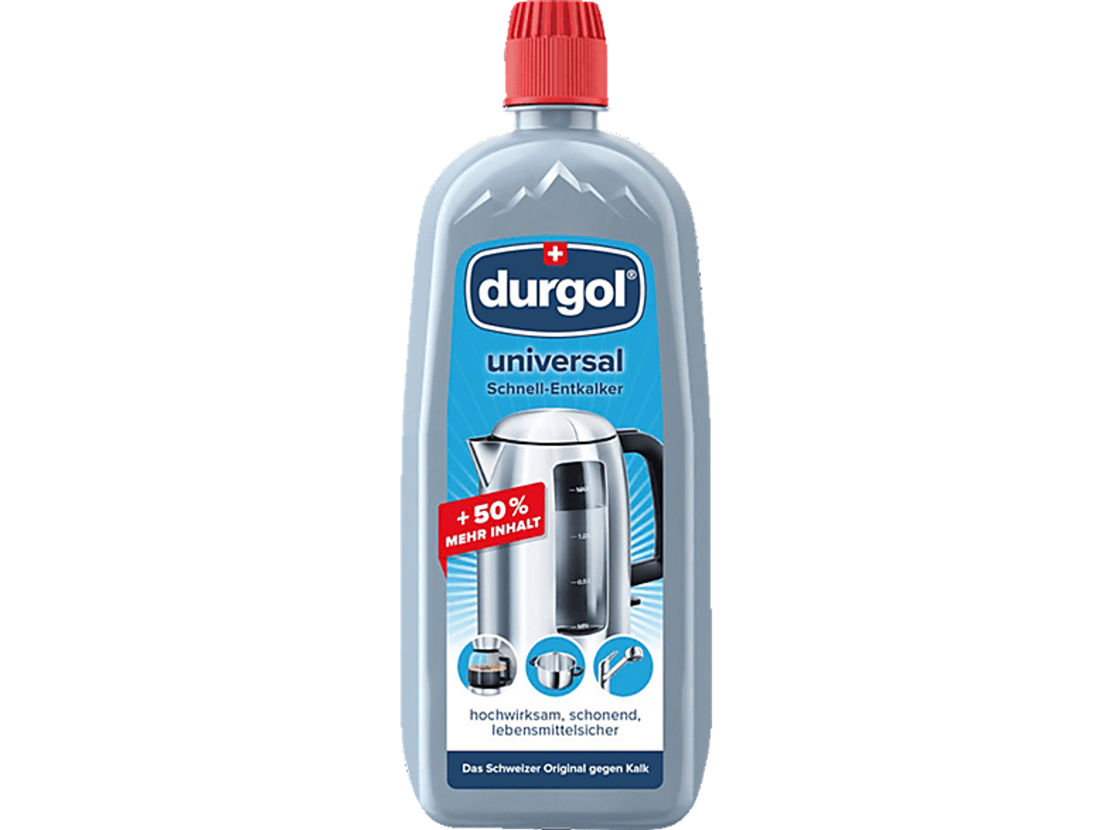 Eine Flasche Durgol Universalentkalker mit Kesselgrafik und deutschem Text zur Förderung einer effektiven Reinigung.