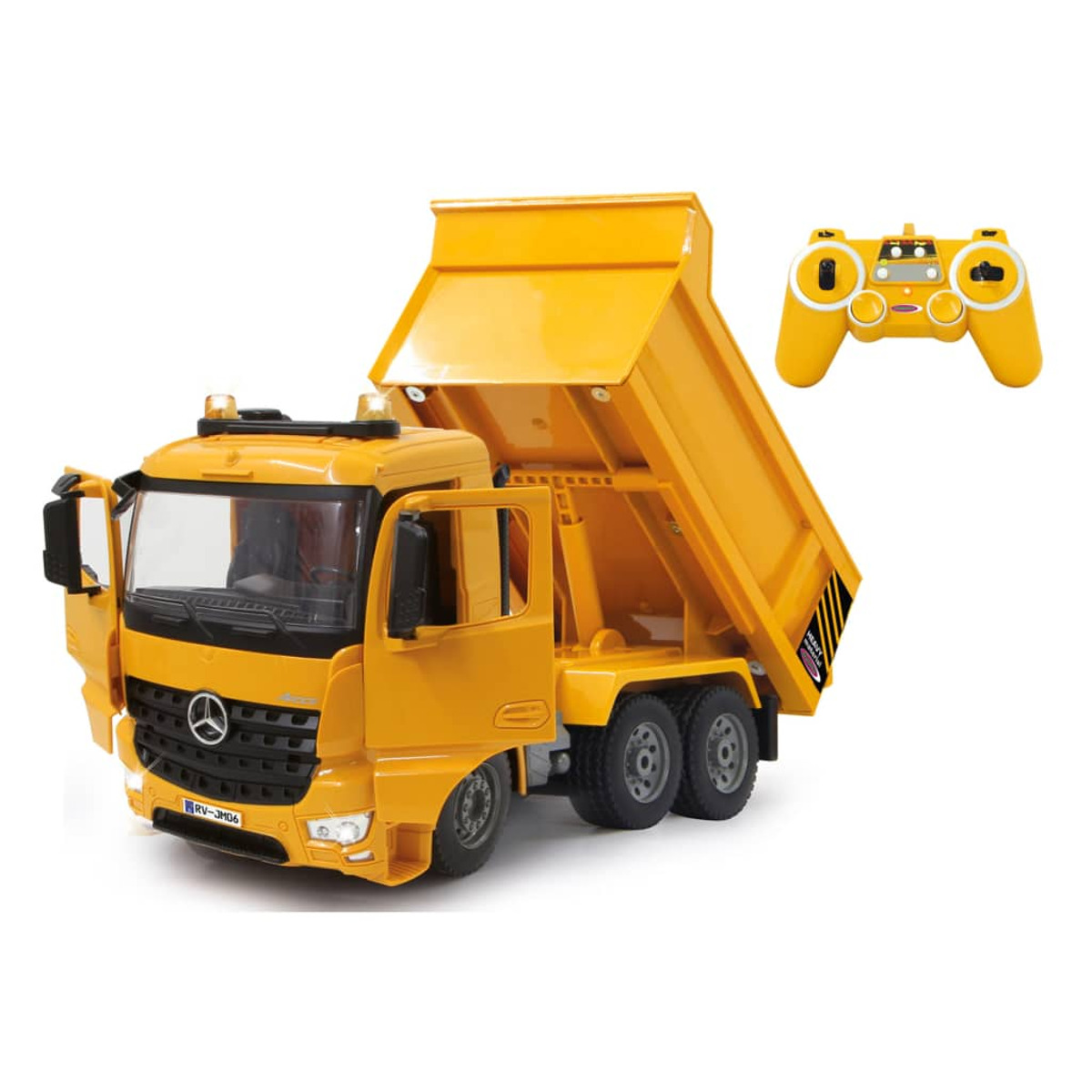 Un camión volquete de juguete amarillo con la plataforma levantada y un control remoto amarillo.