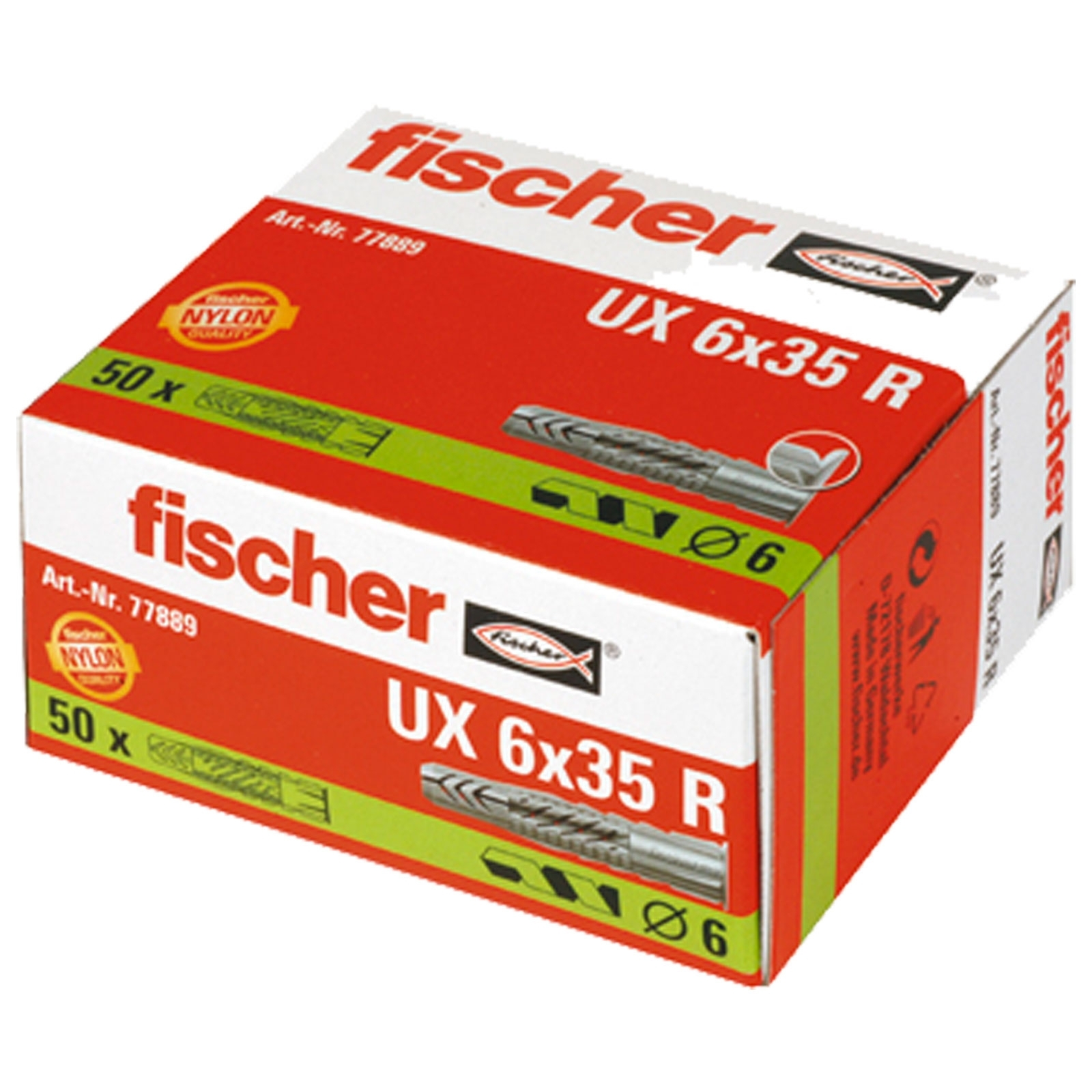 Eine Schachtel Fischer UX 6x35 R Nylon-Dübel mit rot-weißer Verpackung wird angezeigt.