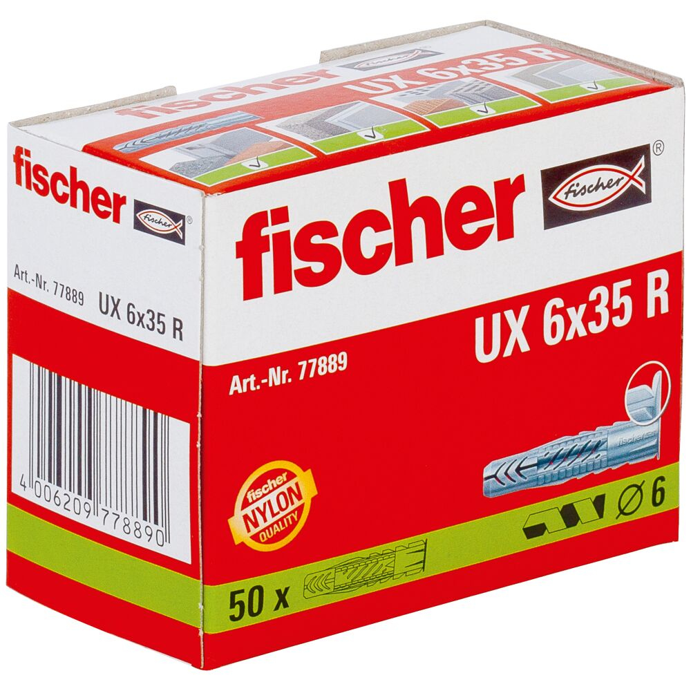 Eine Schachtel Fischer UX 6x35 R Nylon-Dübel mit rot-weißer Verpackung wird angezeigt.