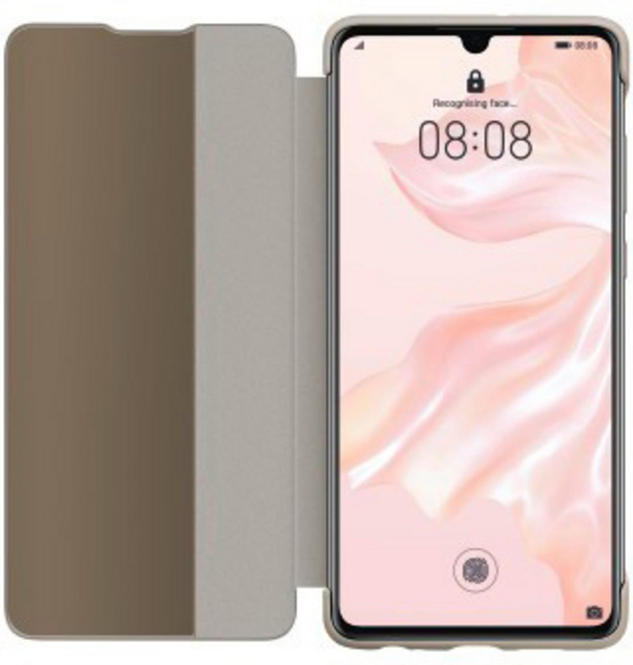 Smartphone in einer Hülle, die Uhrzeit, Datum und Gesichtserkennungssymbol anzeigt.
