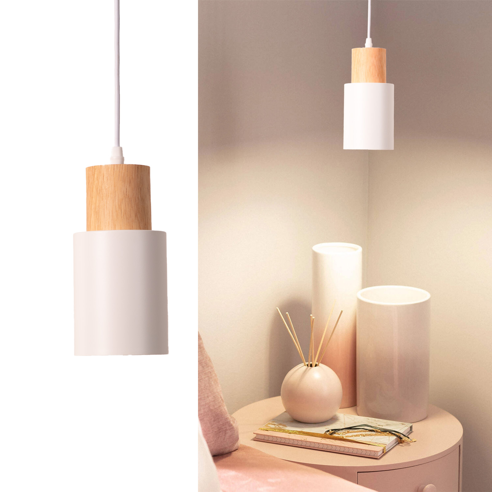 Una lámpara colgante con una pantalla cilíndrica blanca y una parte superior de madera se muestra en una habitación.