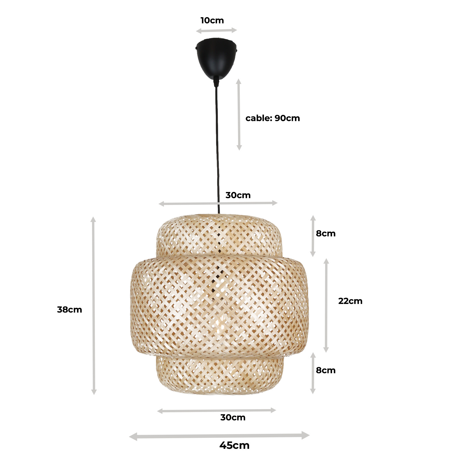 Ilustración de una lámpara colgante de bambú con dimensiones etiquetadas, colgando de un cordón negro.