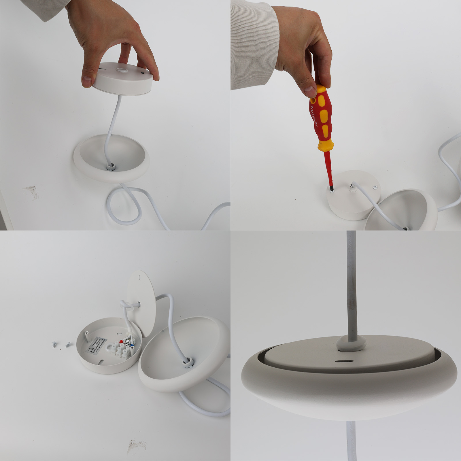 Imagen de cuatro paneles que muestra los pasos para instalar una lámpara: colocar la cubierta, atornillarla y el producto final.