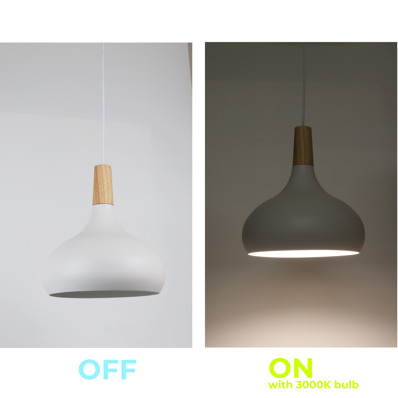 Imagen dividida que muestra una lámpara colgante blanca con una parte superior de madera, iluminada y sin iluminar, contra paredes blancas.