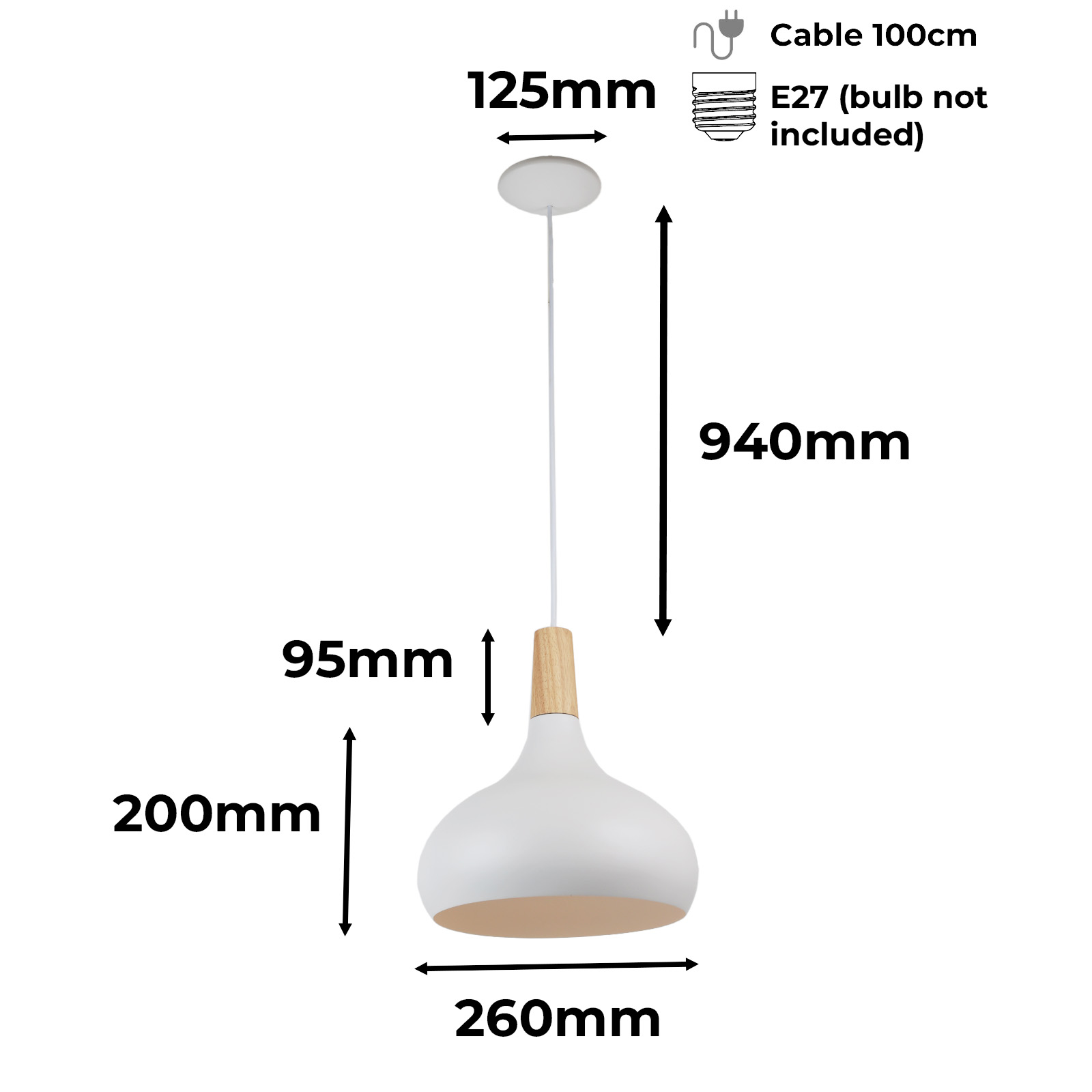 Dibujo técnico de una lámpara colgante con dimensiones, que muestra una pantalla blanca y una parte superior de madera.