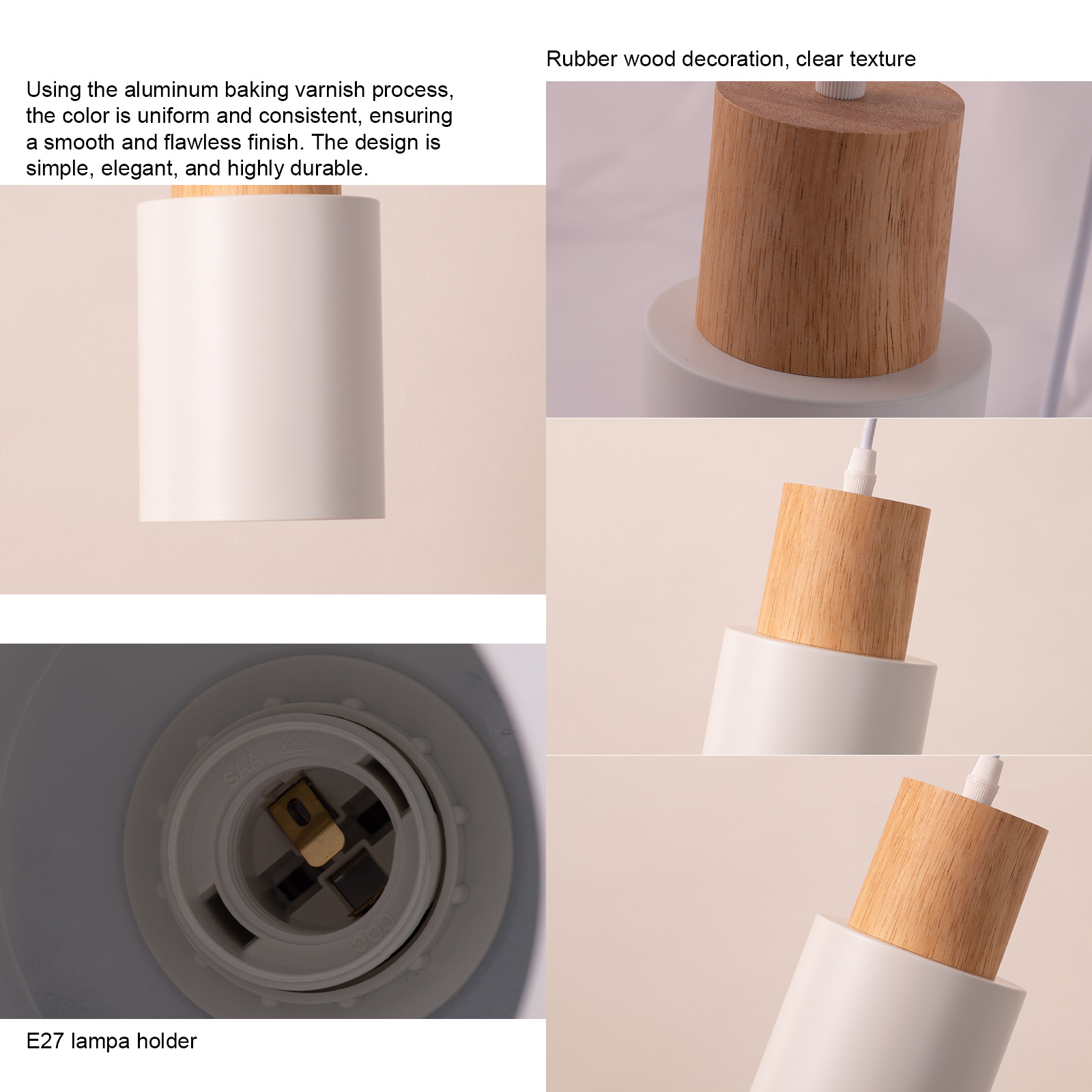 Collage que muestra detalles de una lámpara colgante blanca y de madera, incluyendo la textura de la madera y el portalámparas E27.