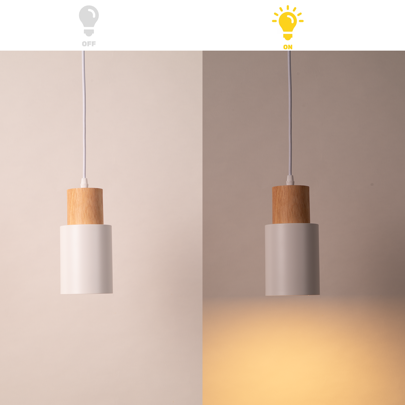 Comparación lado a lado de una lámpara colgante blanca y de madera: sin iluminar a la izquierda e iluminada con una bombilla cálida a la derecha.