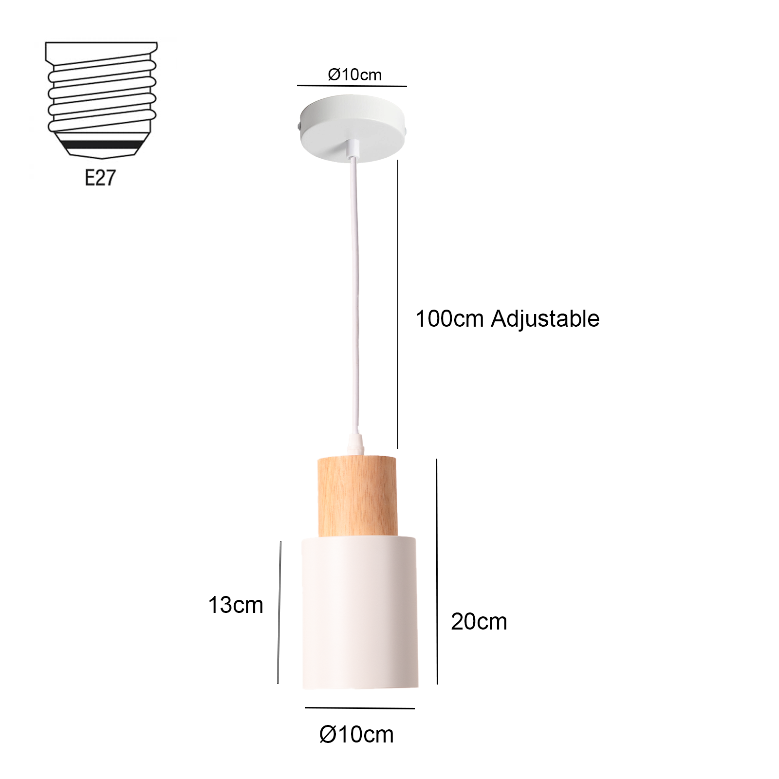 Una lámpara colgante blanca y de madera con dimensiones ajustables mostradas sobre un fondo blanco.