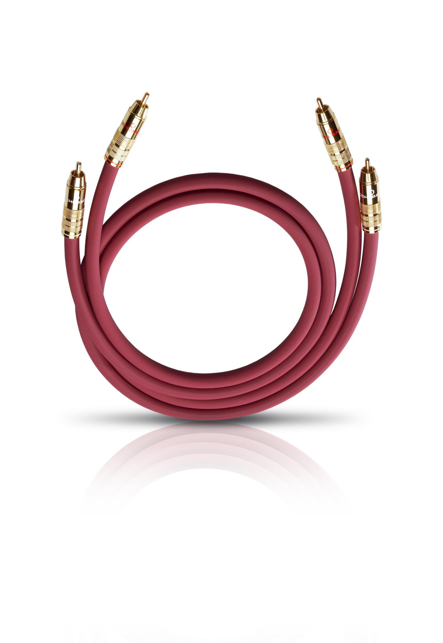 Ein kastanienbraunes Audiokabel mit goldenen Anschlüssen, das in einem Kreis vor einem weißen Hintergrund aufgerollt ist und sein Design zeigt.