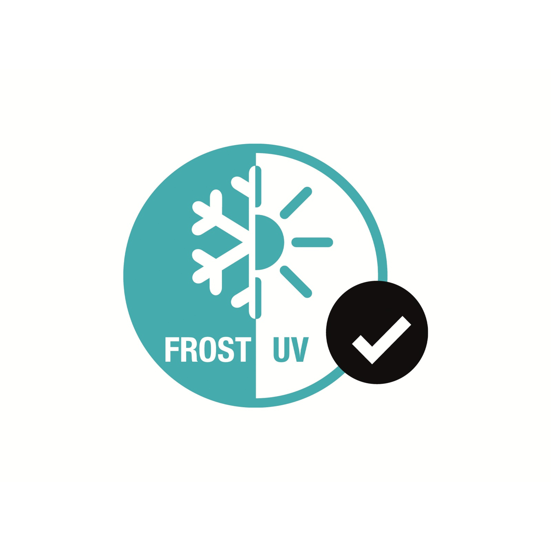 Ein türkisfarbener Kreis, der mit einer Schneeflocke und Sonne geteilt ist und mit „FROST UV“ und einem Häkchen versehen ist.