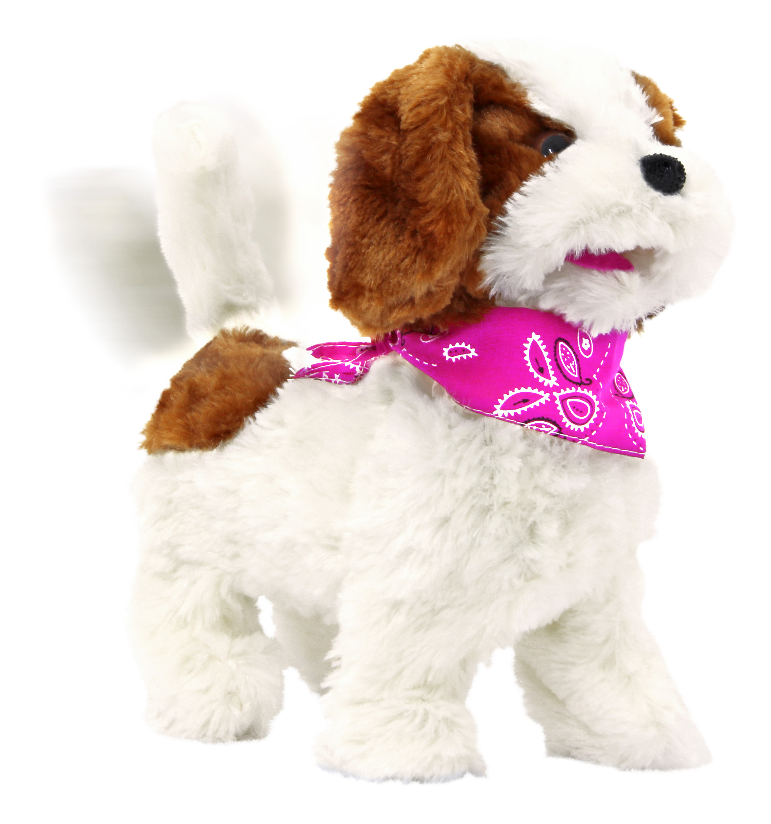 Ein Plüschtierhund mit weißem und braunem Fell, der ein rosa Halstuch trägt und steht.