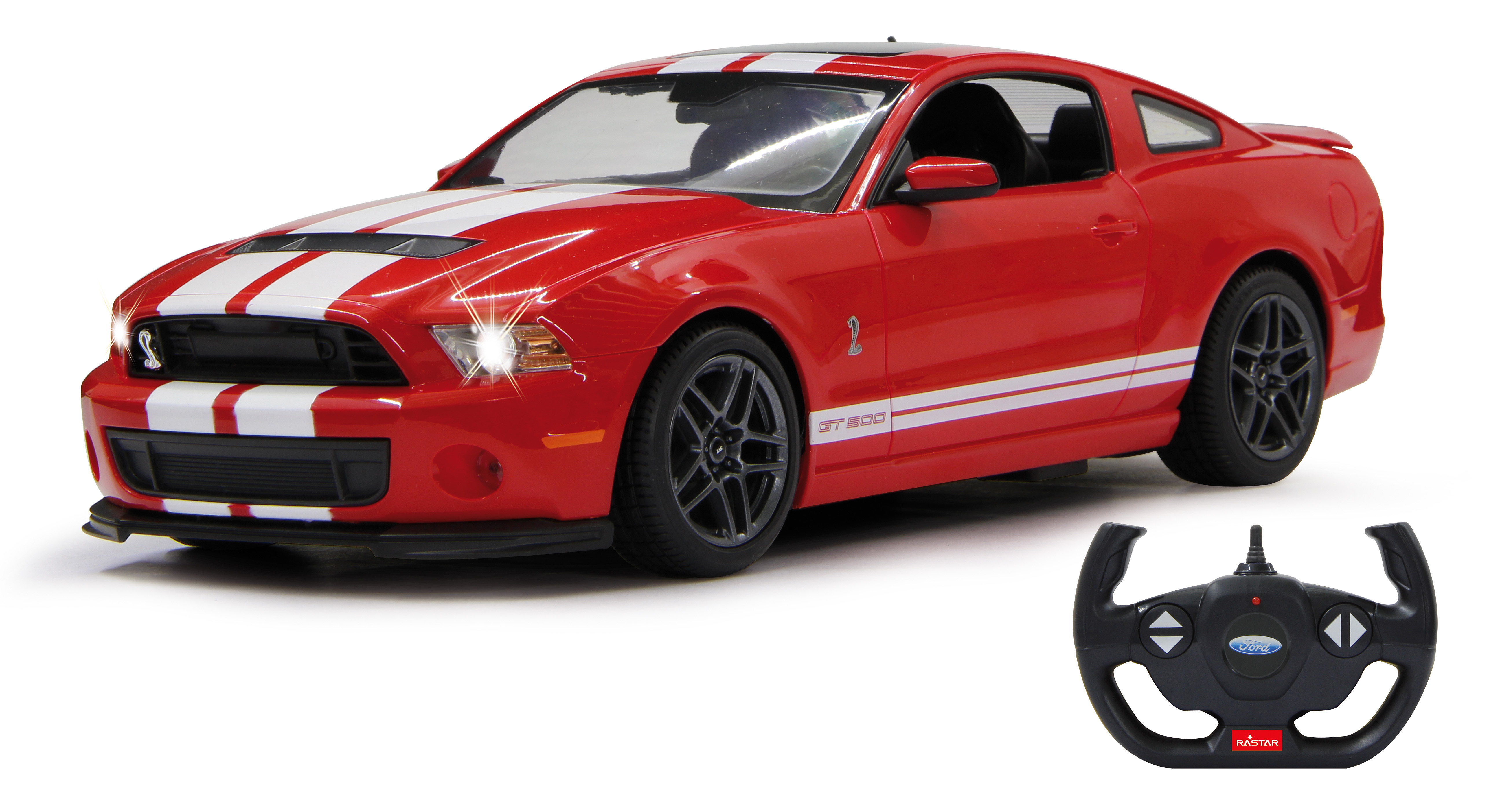 Ein rotes Ford Shelby GT500 Spielzeugauto mit weißen Streifen und einer Fernbedienung.