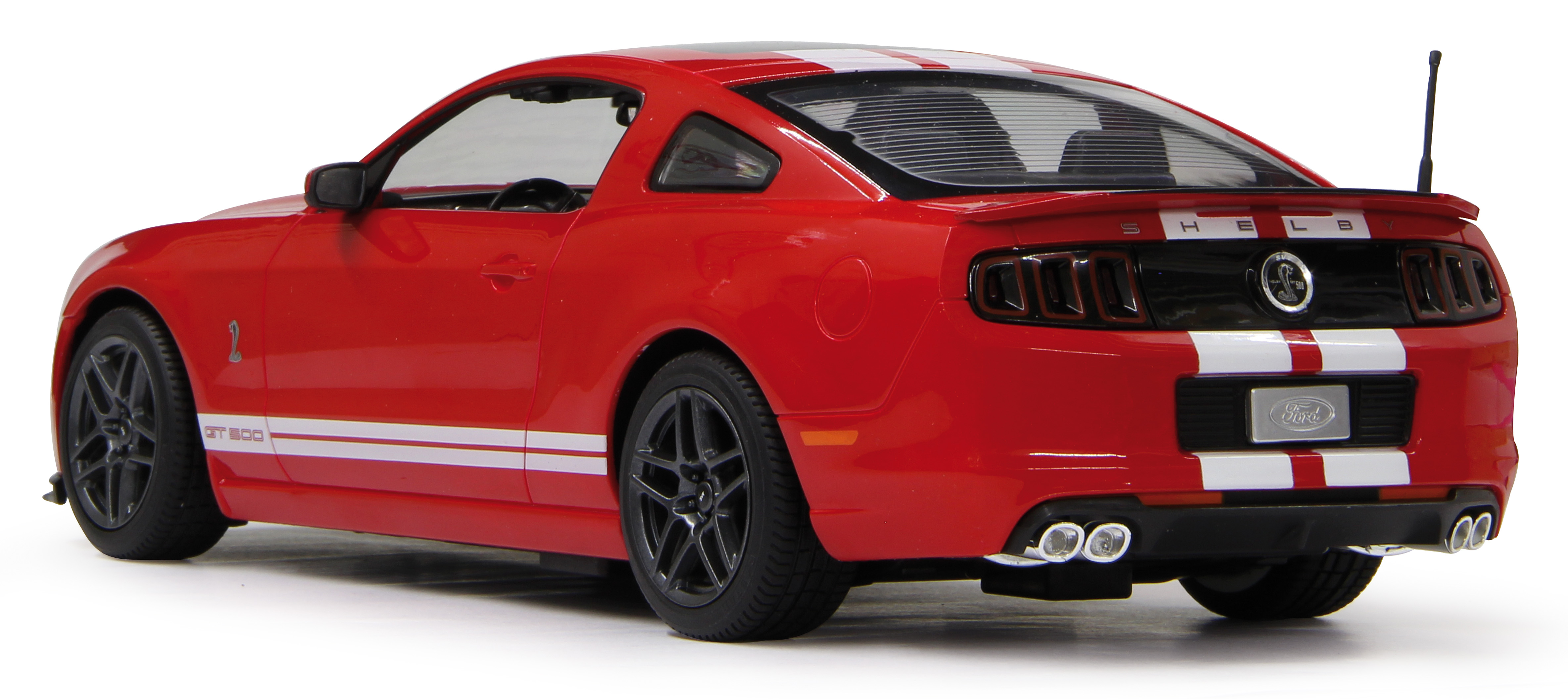 Rückansicht eines roten Ford Shelby GT500 Spielzeugautos mit weißen Streifen und schwarzen Rädern.
