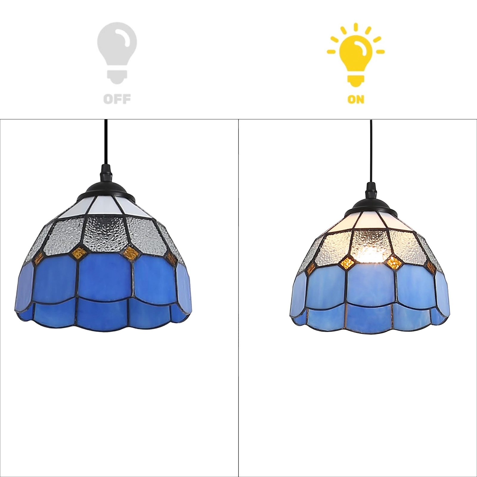 Se muestran dos lámparas colgantes azules y blancas, una apagada y otra iluminada.