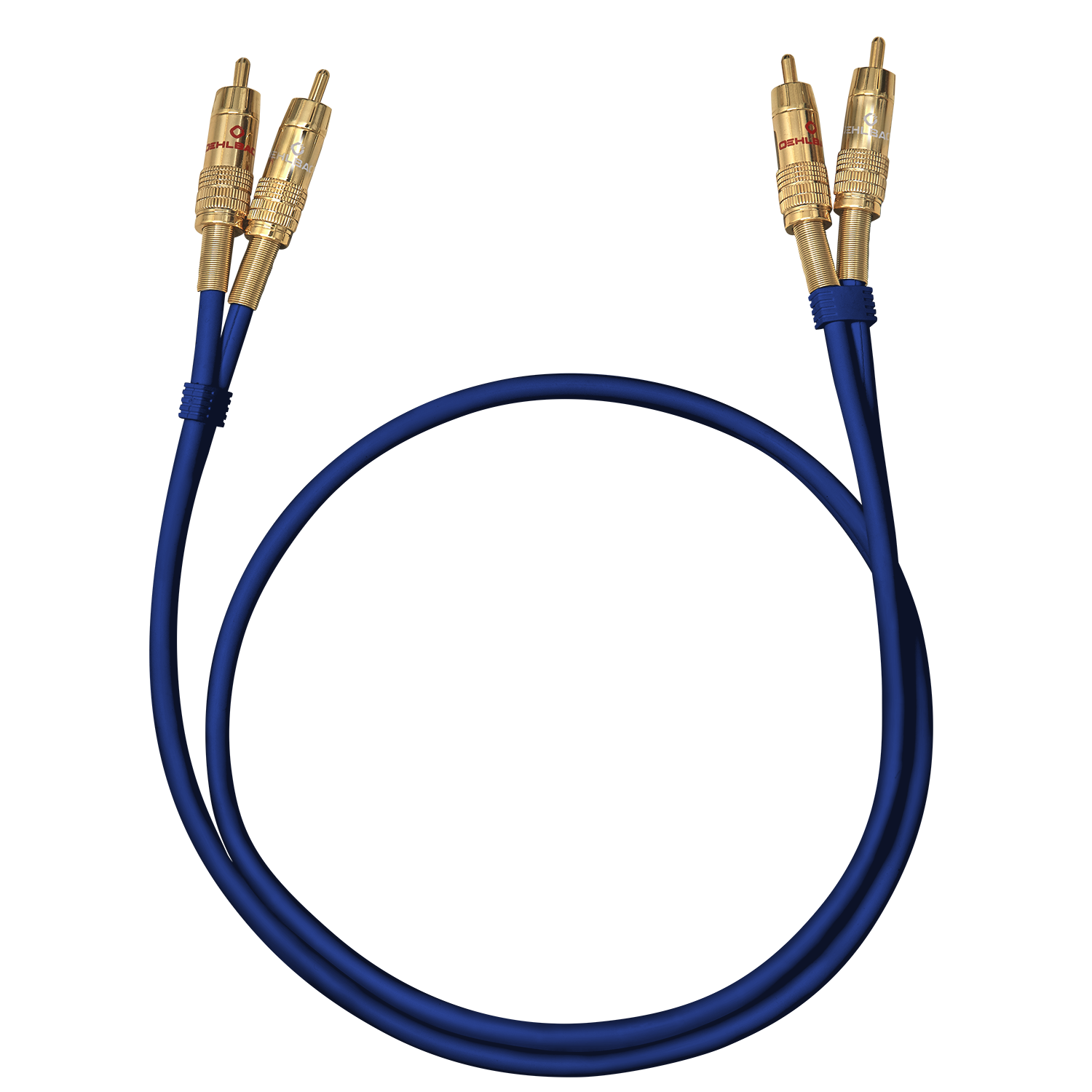 Ein blaues RCA-Kabel mit goldenen Anschlüssen ist vor einem schwarzen Hintergrund aufgerollt.